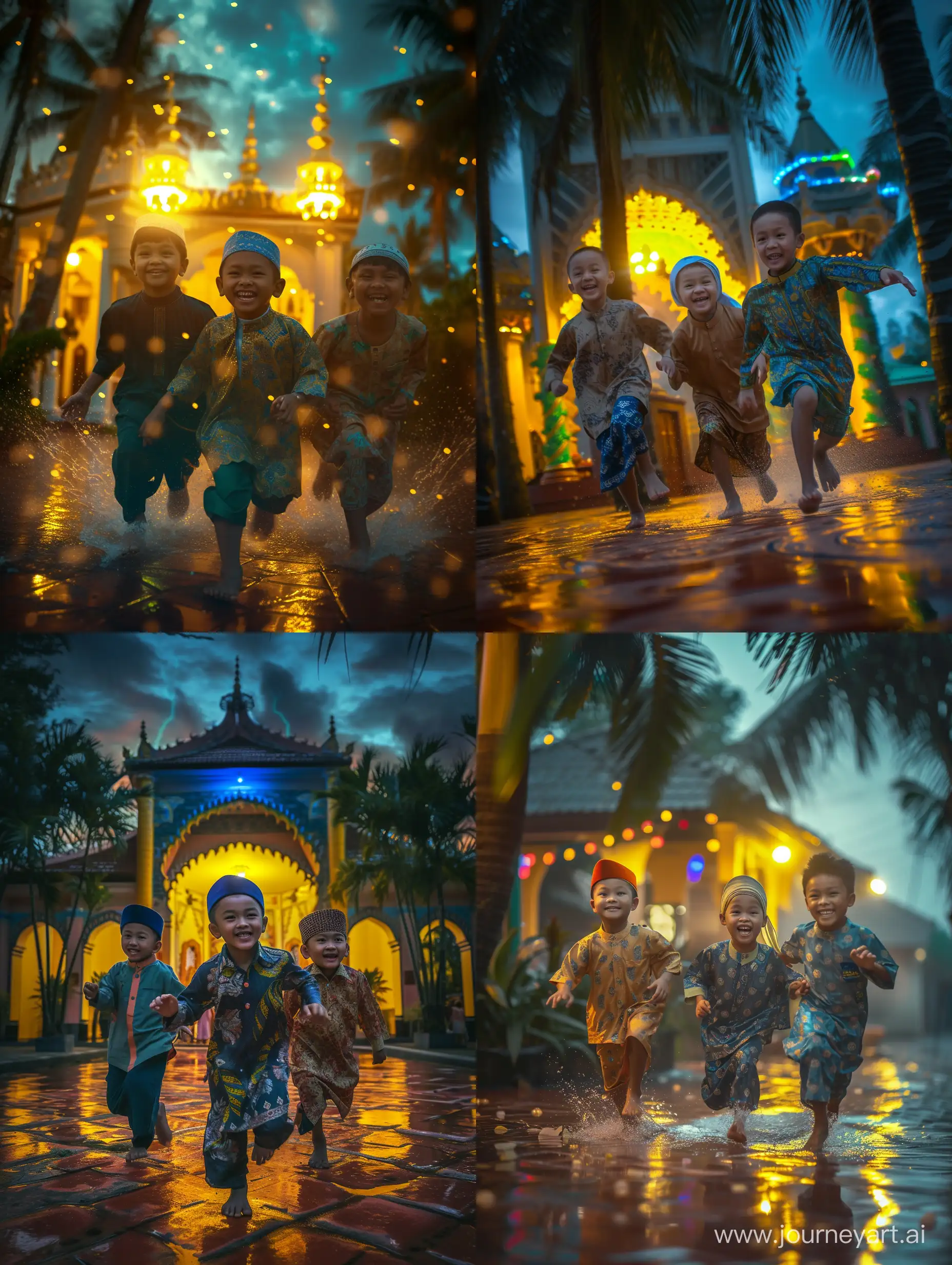 ultra realistic, close up three boys wearing malay clothes and wearing songkok ran into the mosque. cheerful smiling face. Morning atmosphere in the mosque compound. there are coconut trees. yellow and blue lights. a dark morning sky with a few rays of sunrise. canon eos-id x mark iii dslr --v 6.0