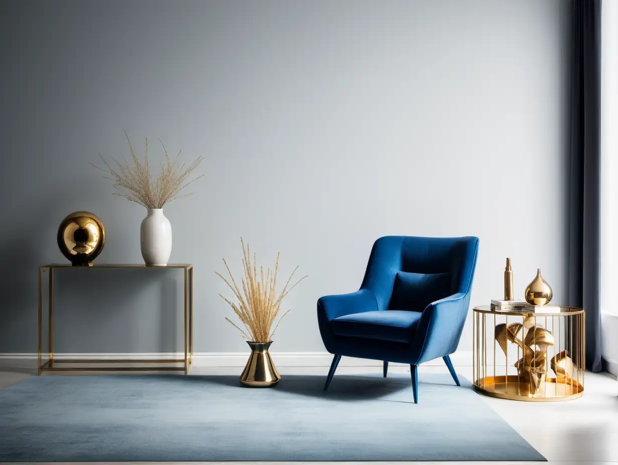 Commercial Photography, modern minimalist living room interior with blue chair and golden decor