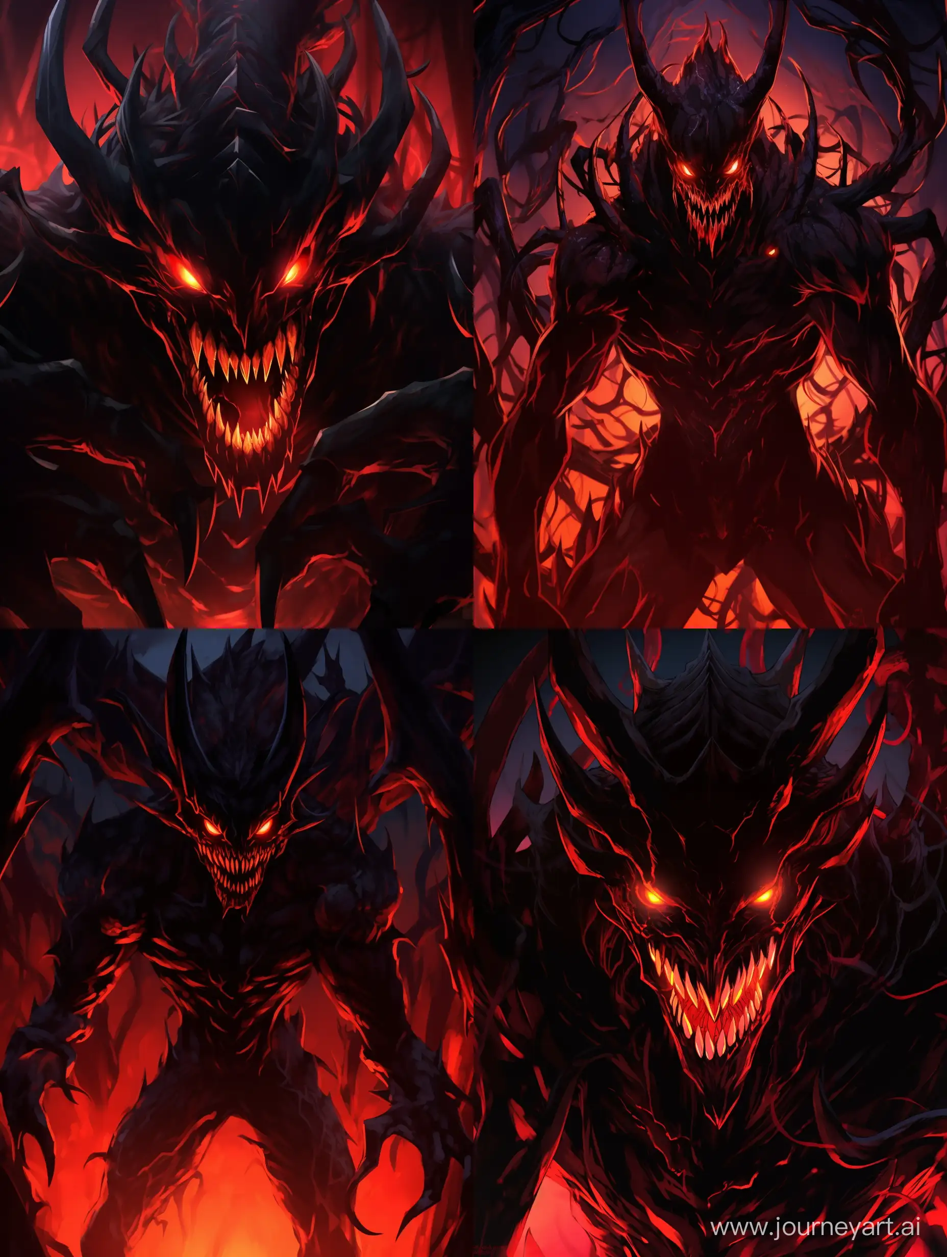 anime style, Anime, 1 entity, solo, Scary backdrop, Scary backdrop, A creature of black color, Red backlight, Neon at the edges of the essence, A pumped-up big black creature, Bottom view, Big black horns with red neon, Darkness, Mouth wide open, The eyes are filled with madness, A creature in a pose of anger, The Berserker.