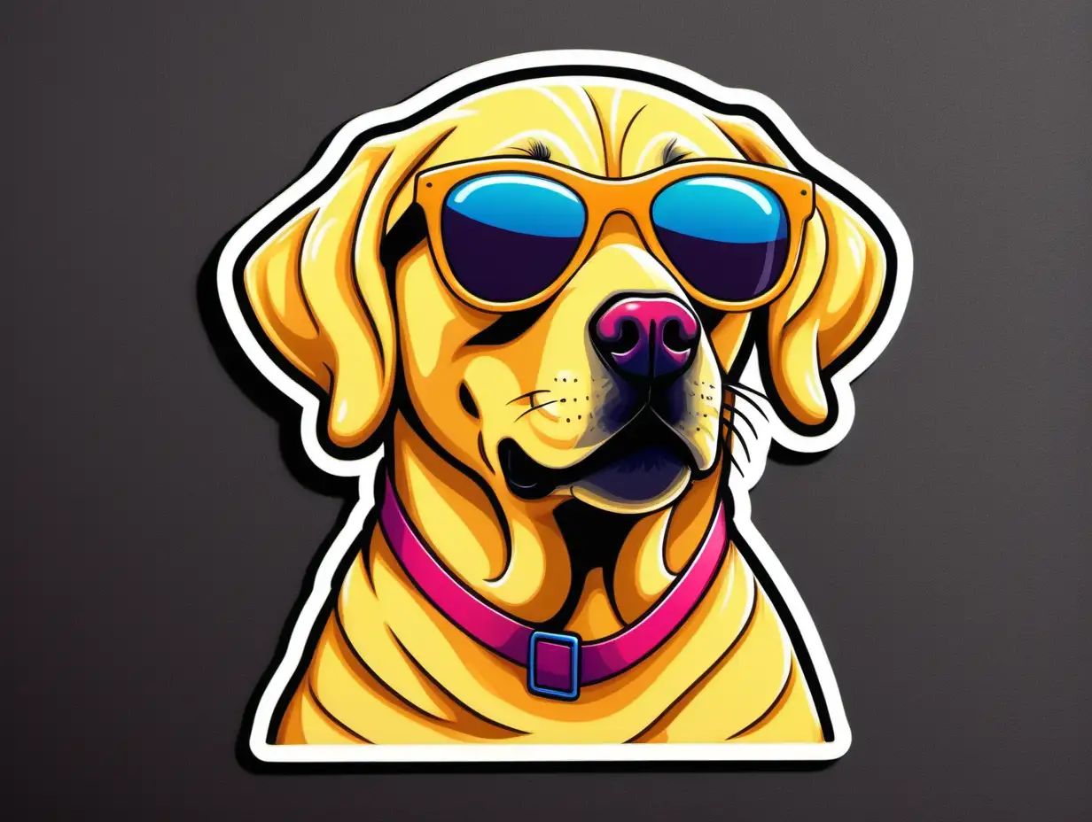 a cartoon yellow labrador retriever wearing sunglasses, chilling, vibrant color, like a sticker in the style of tape art, using 4 colors only