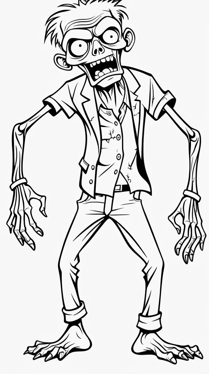 funny happy zombie character black and white coloring page, cartoon style, thin lines, few details, no shadows, no greys