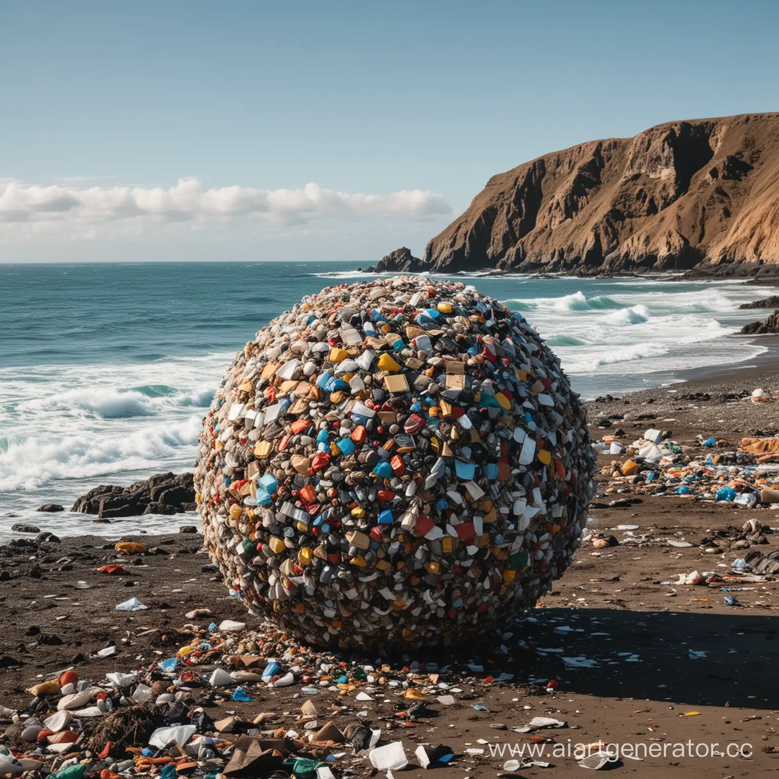 человек стоящий рядом с огромным шаром спрессованного мусора.
 на фоне побережья океана 