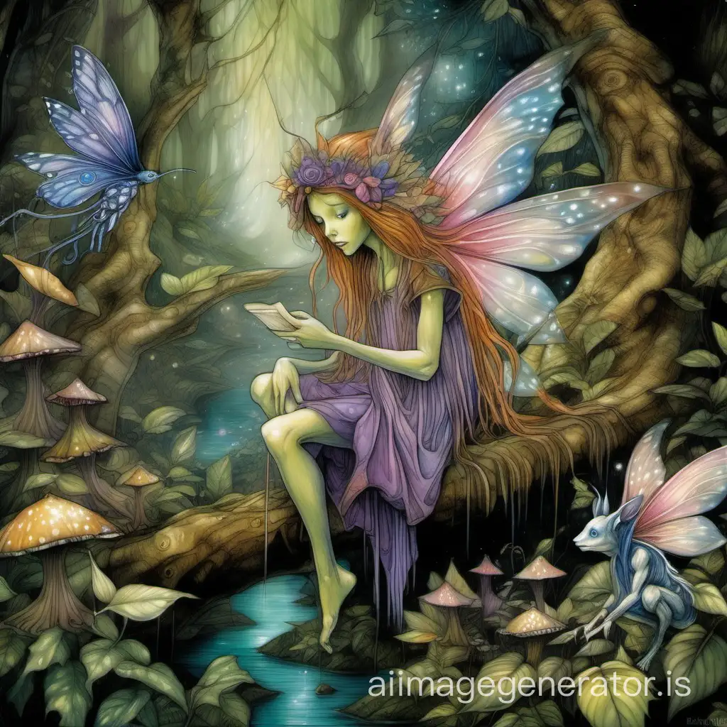 Fee  Whimsical fairy character in a fantasy forest, intricate details, vibrant colors, dreamy atmosphere, by Jasmine Beckett-Griffith and Brian Froud.