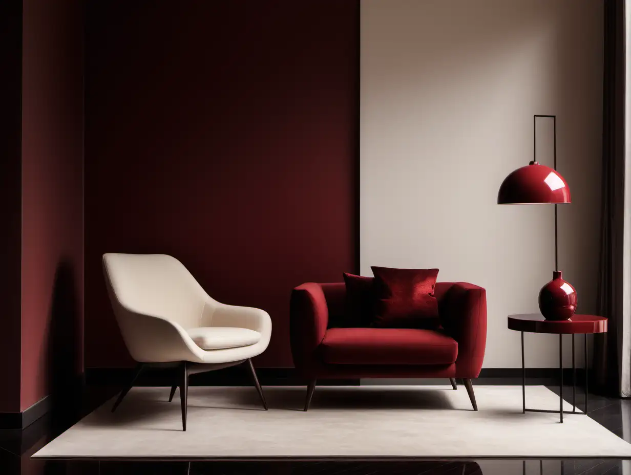Commercial Photography, modern minimalist living room interior with  deep bloodred decor and cream chair