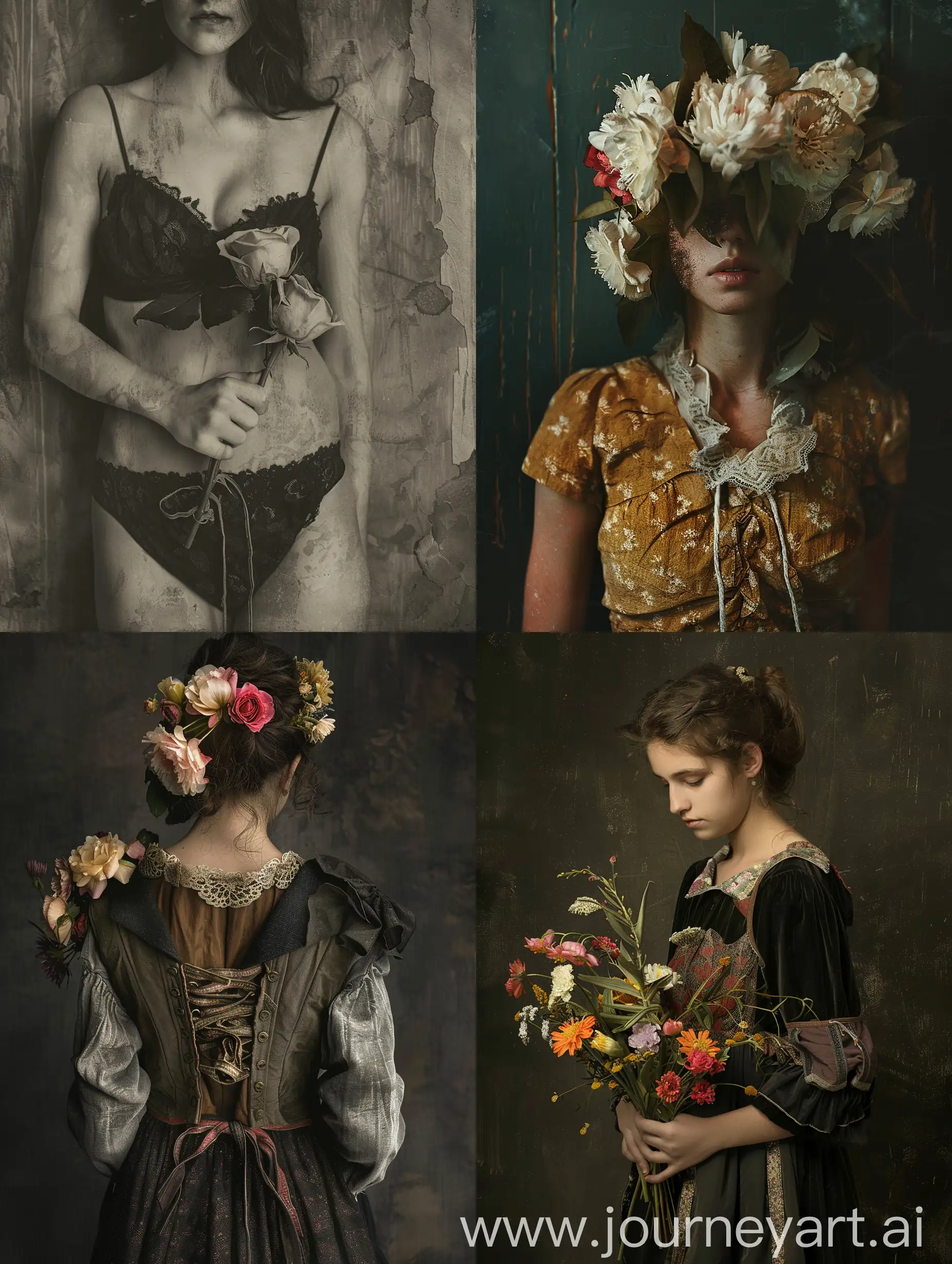 Renaissance-Woman-Holding-Flowers-in-Gritty-Composition