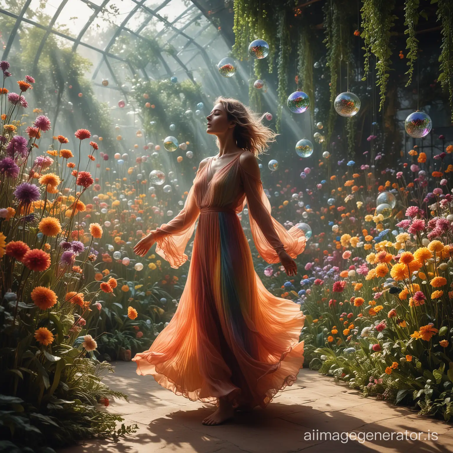 A woman with flowing fine line multicolour gradient lines dances amongst fantastical botanical objects, surrounded by glass mystical flowers, fluffy balls gently swaying in the wind. The background adds to the mystical atmosphere of the scene, captured in a professional photograph with a focus on the general shape and composition.