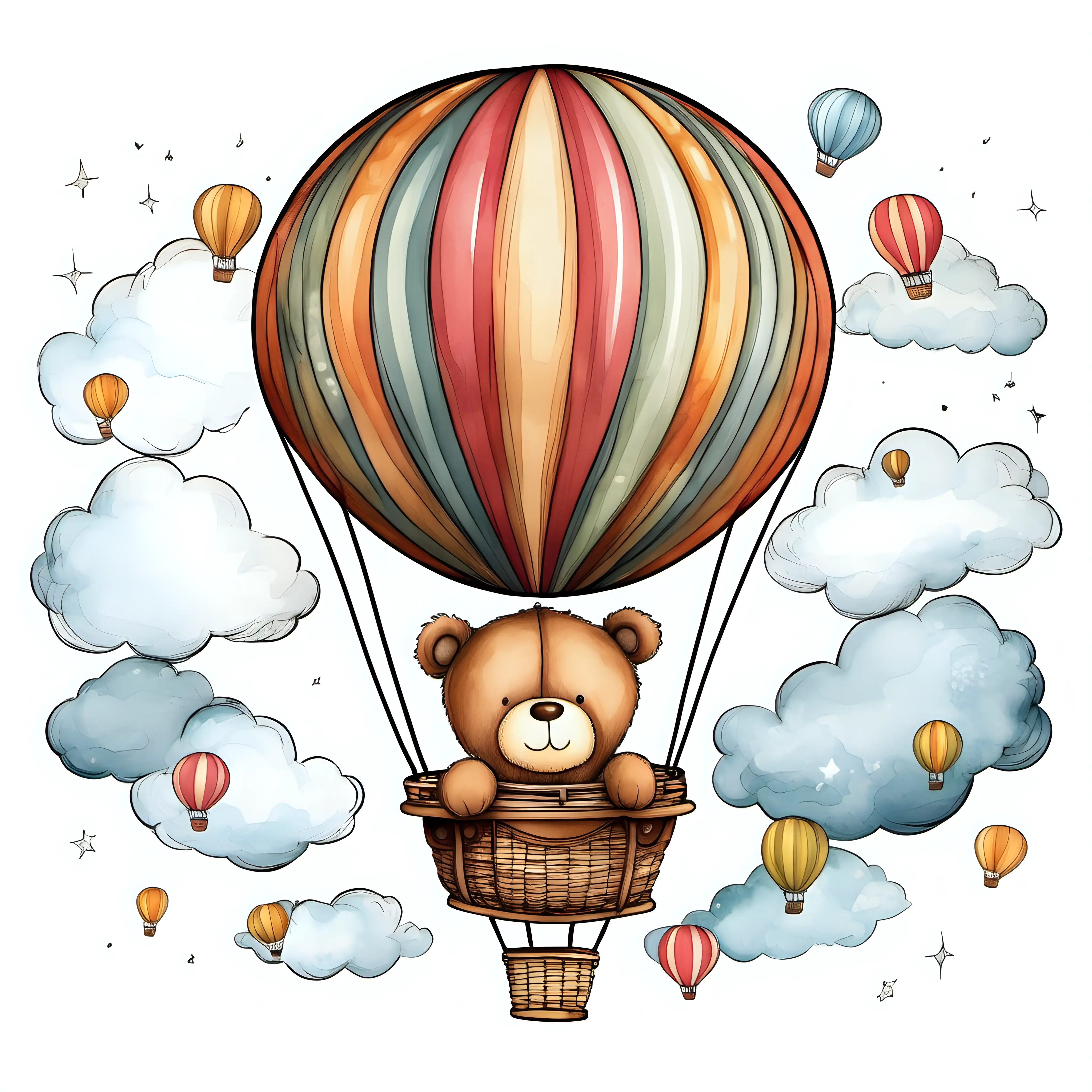 Whimsical Illustration of a Cute Sleeping Teddy Bear in a Hot Air Balloon