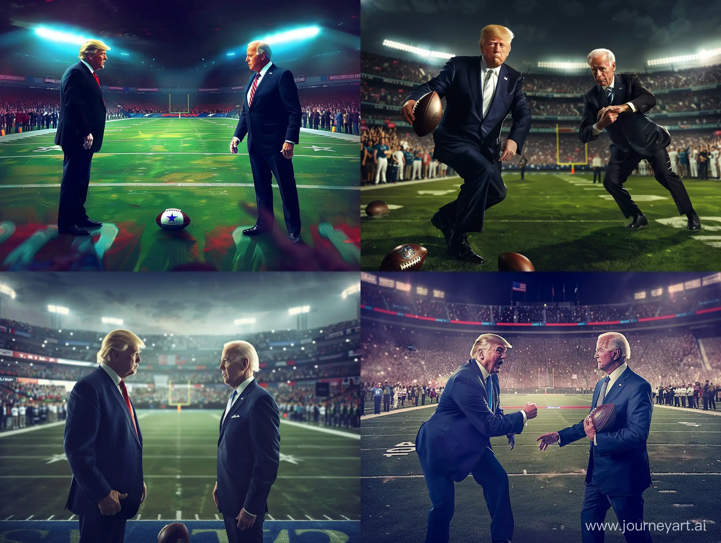Donald Trump in football game against Joe Biden on football field, full body, background of fans of both teams on stadium seats with different attractive elements, at night, realistic, sportslighting, q2
