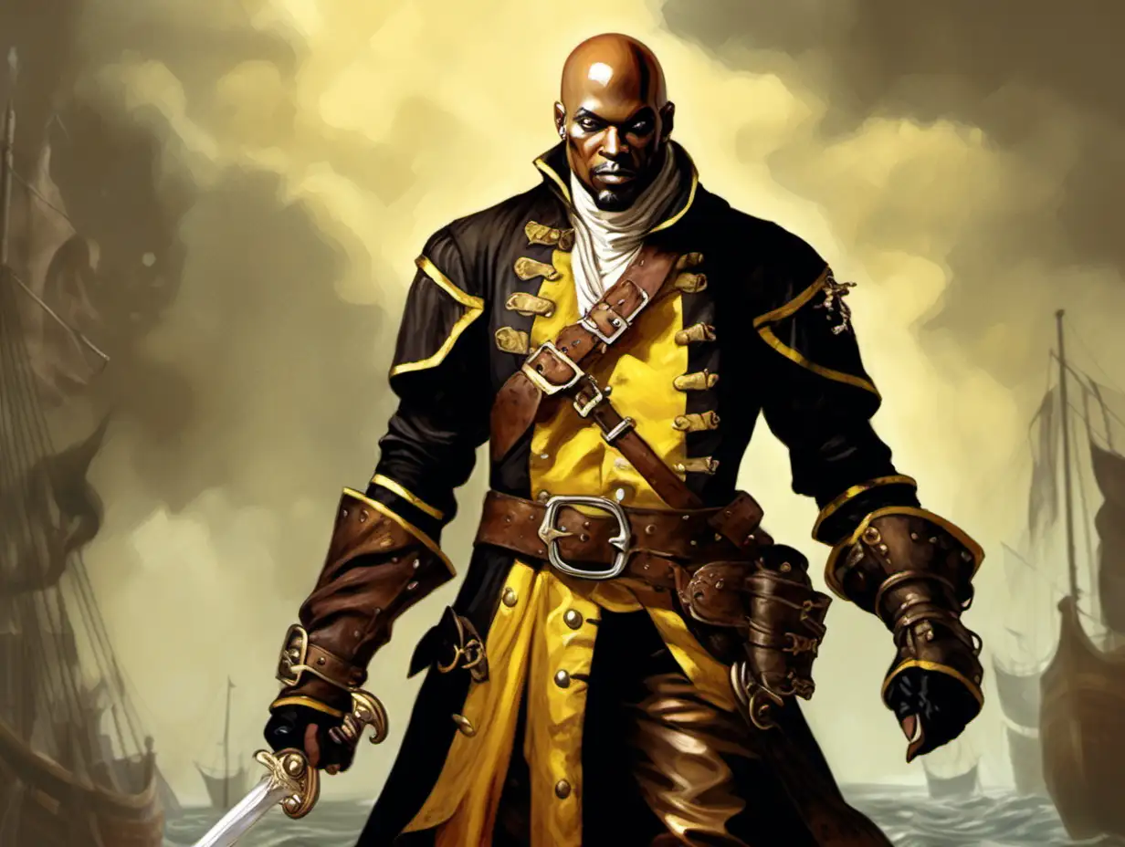 black bald pirate man, yellowish brown armor, Medieval fantasy painting, MtG art