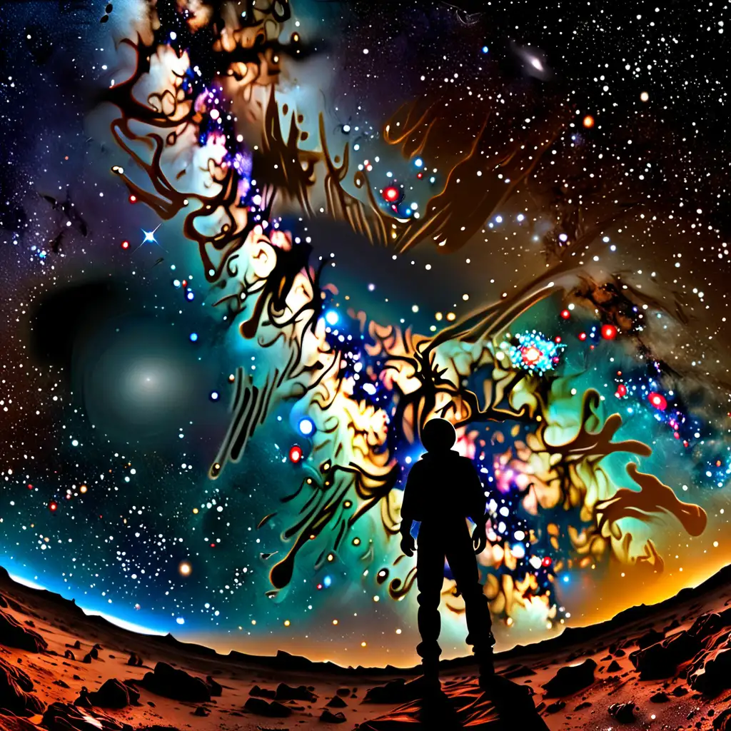 the view of the sky, from the point of view of a person standing on a planet, located in the galactic core of the milky way galaxy.