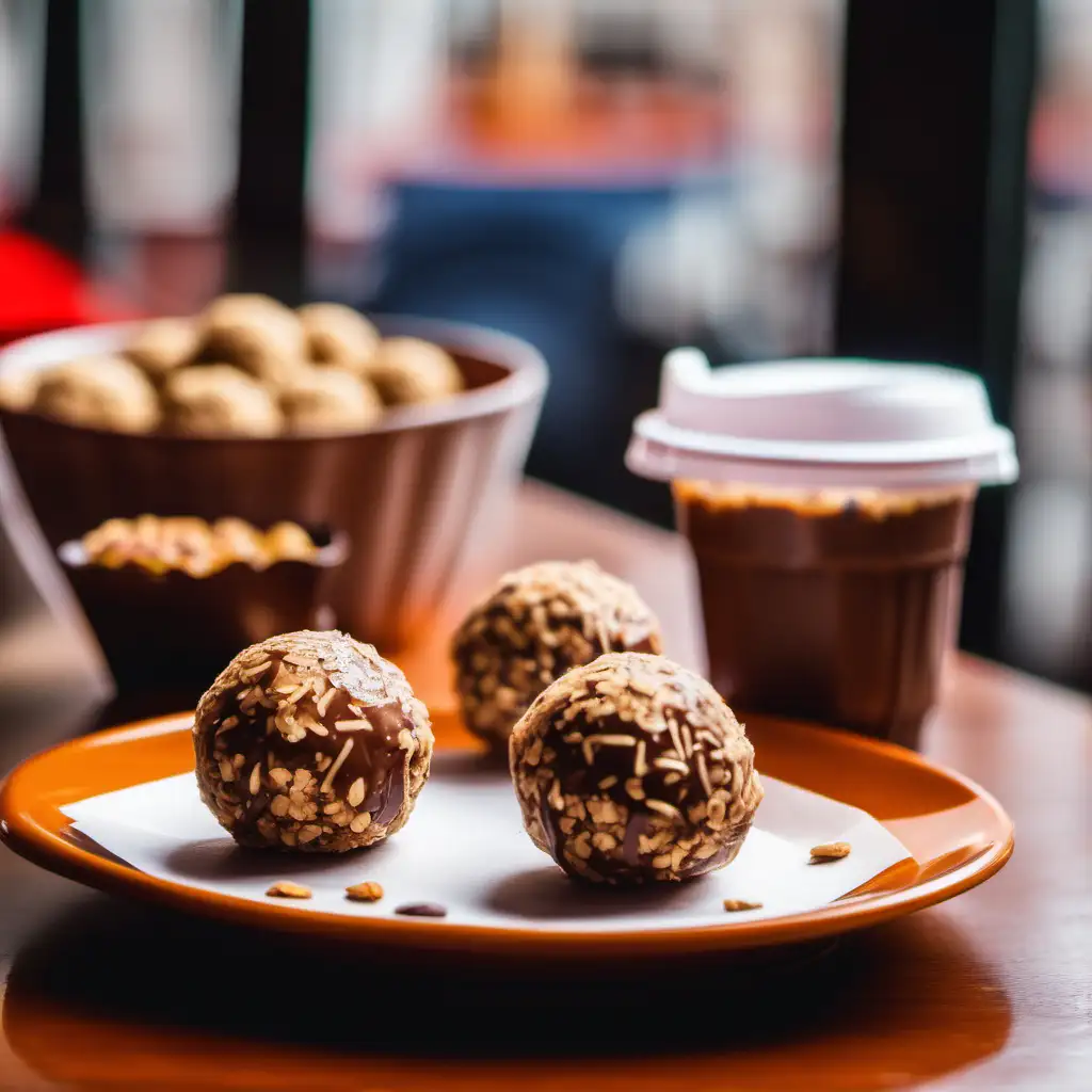 nutella and oats ladoo on a paper cup for sweets, over a plate on a table in a cafe
