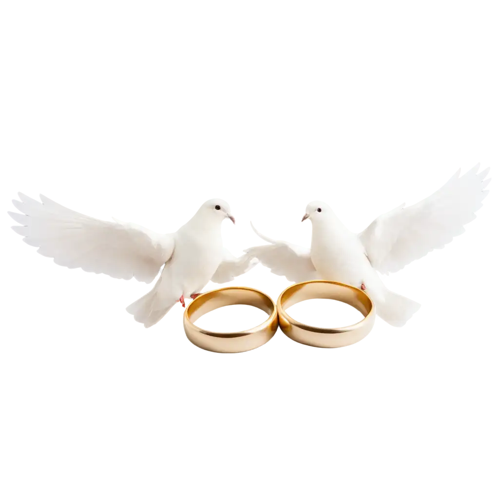 two wedding rings on the background of two white doves and a bouquet of white roses