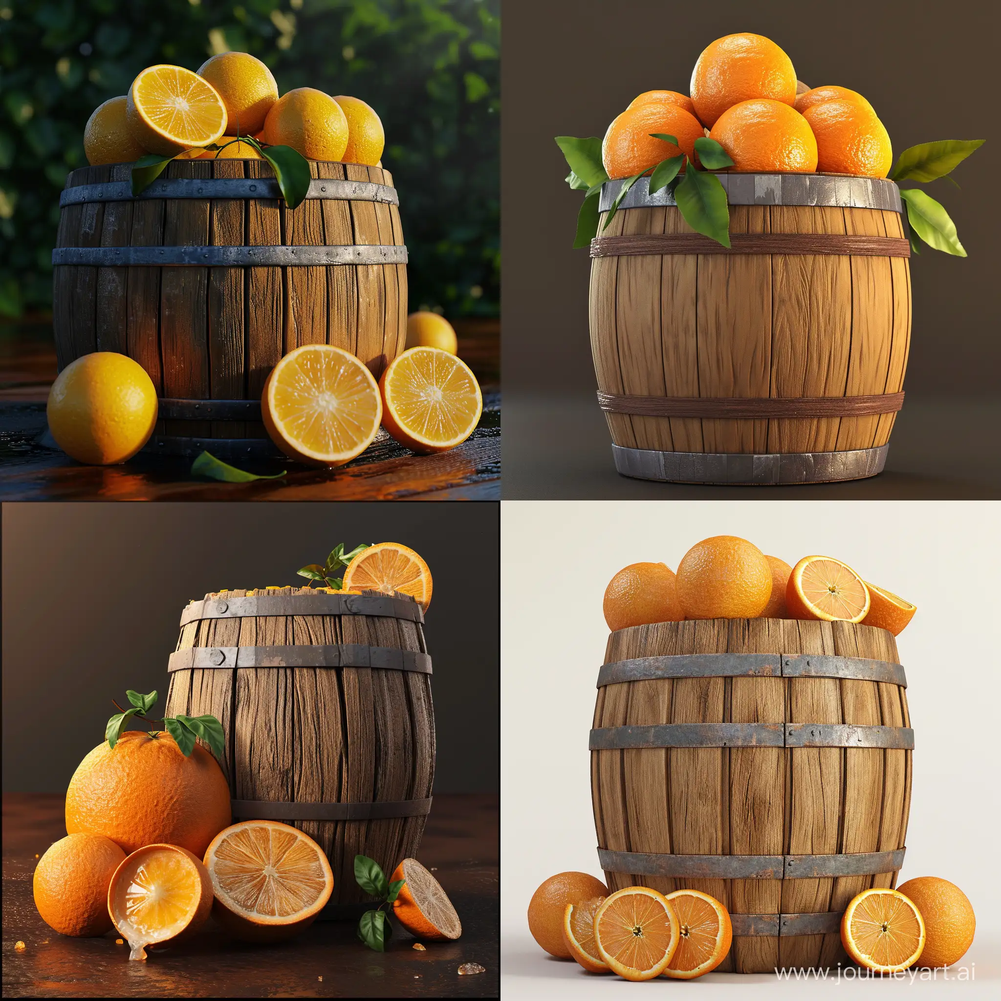A wooden barrel of orange juice. 3D animation 