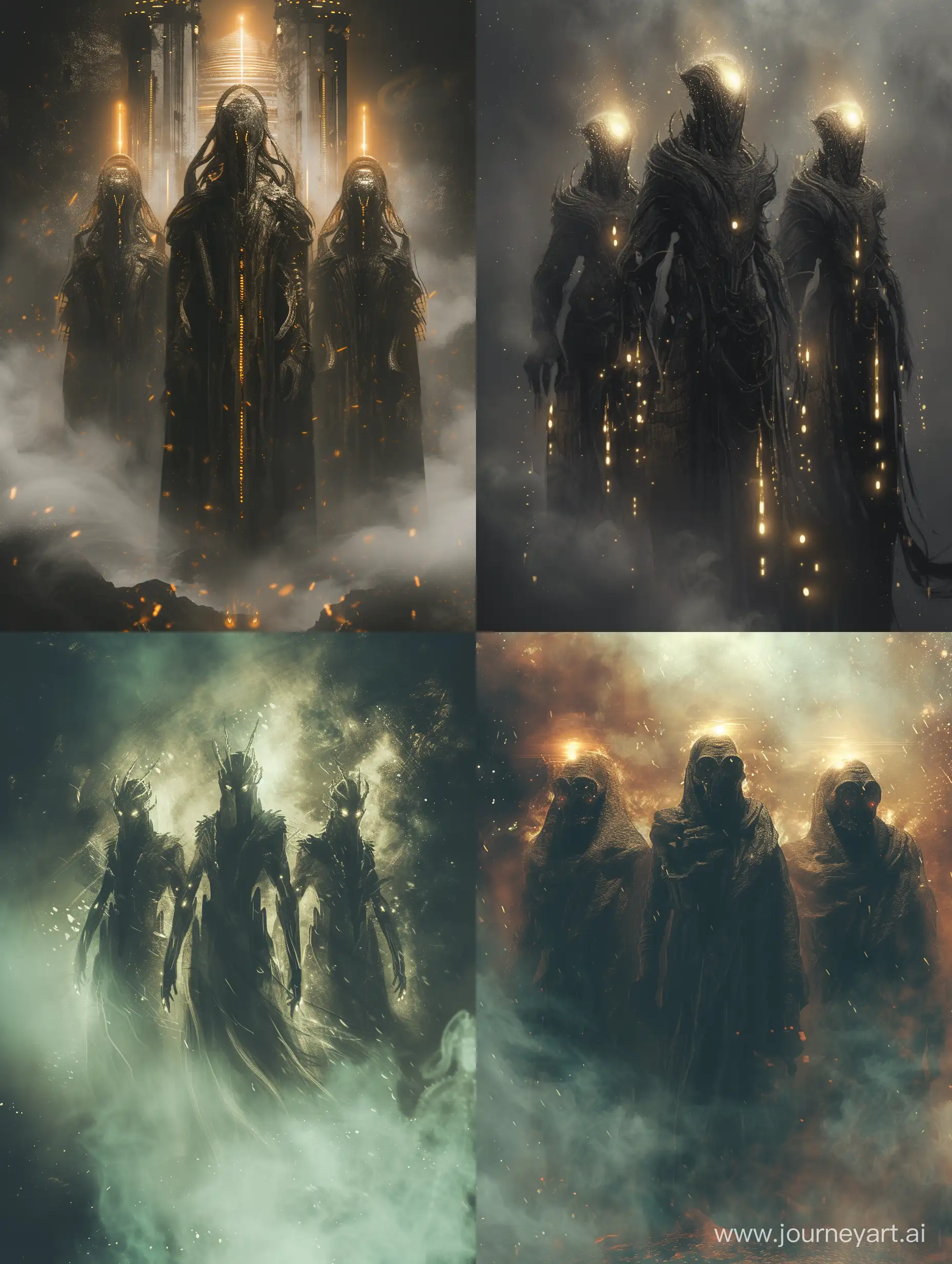 Create a digital art piece featuring a trio of cosmic elder gods standing in a dark and moody atmosphere. The gods should be full-height with a smoky and grungy effect. The style should be bold and unique, with a focus on capturing the cosmic and otherworldly nature of these beings. Glowy lights
