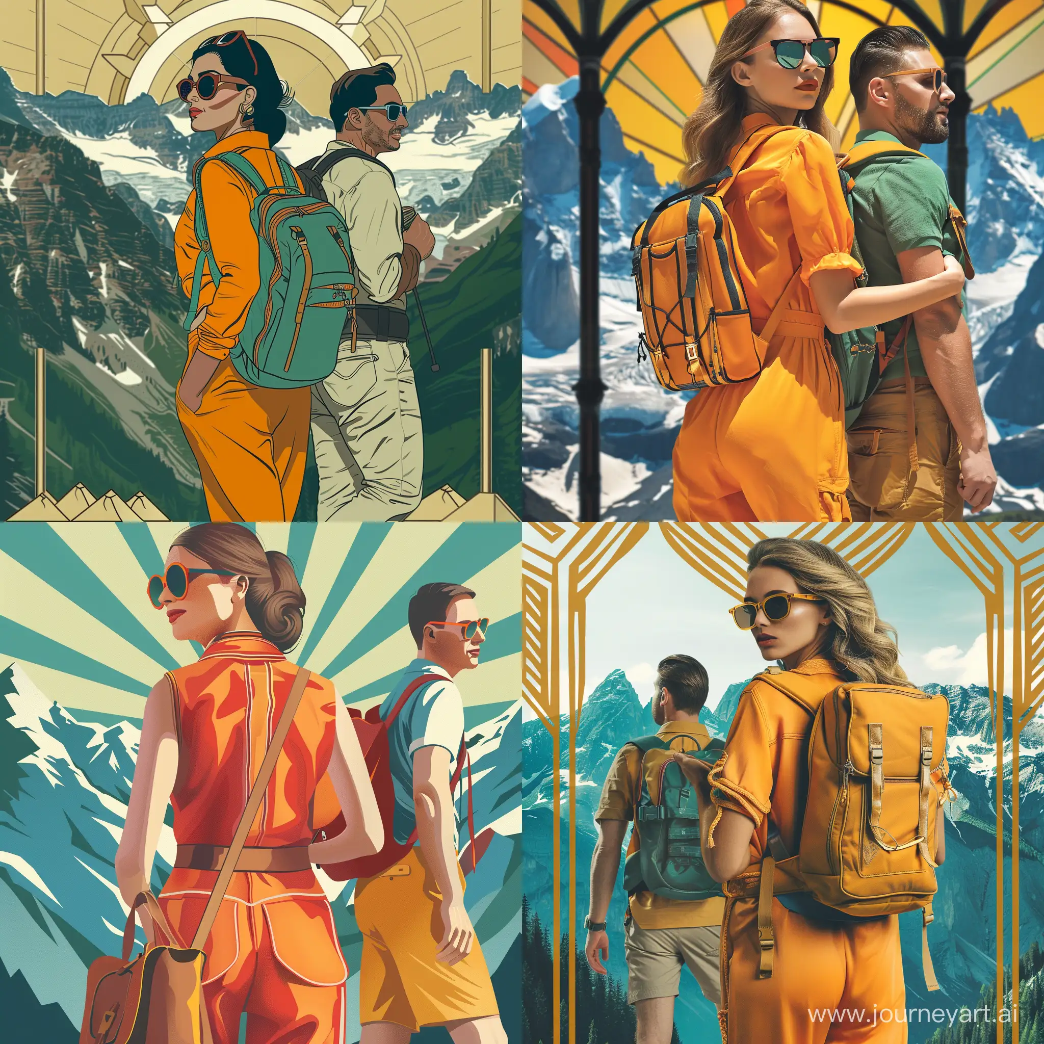 art deco graphics, warm summer colors, summer clothes, minimalist and dynamic, minimalist and dynamic, glorious beautiful woman in summer mountain outfit and sunglasses with her husband and a backpack, and in the background the mountains in summer,