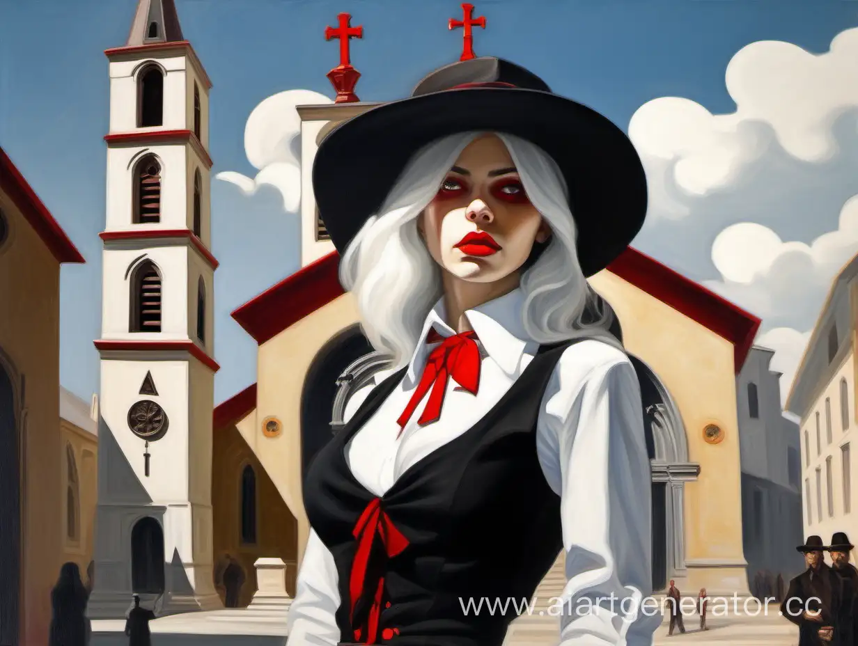 картина маслом, женщина, белые волосы, красные глаза, каре, в шляпе, стрелок, белая рубашка, черная жилетка, красные губы, по пояс, смотрит вправо, церковь, солнечный день, символы инквизиции