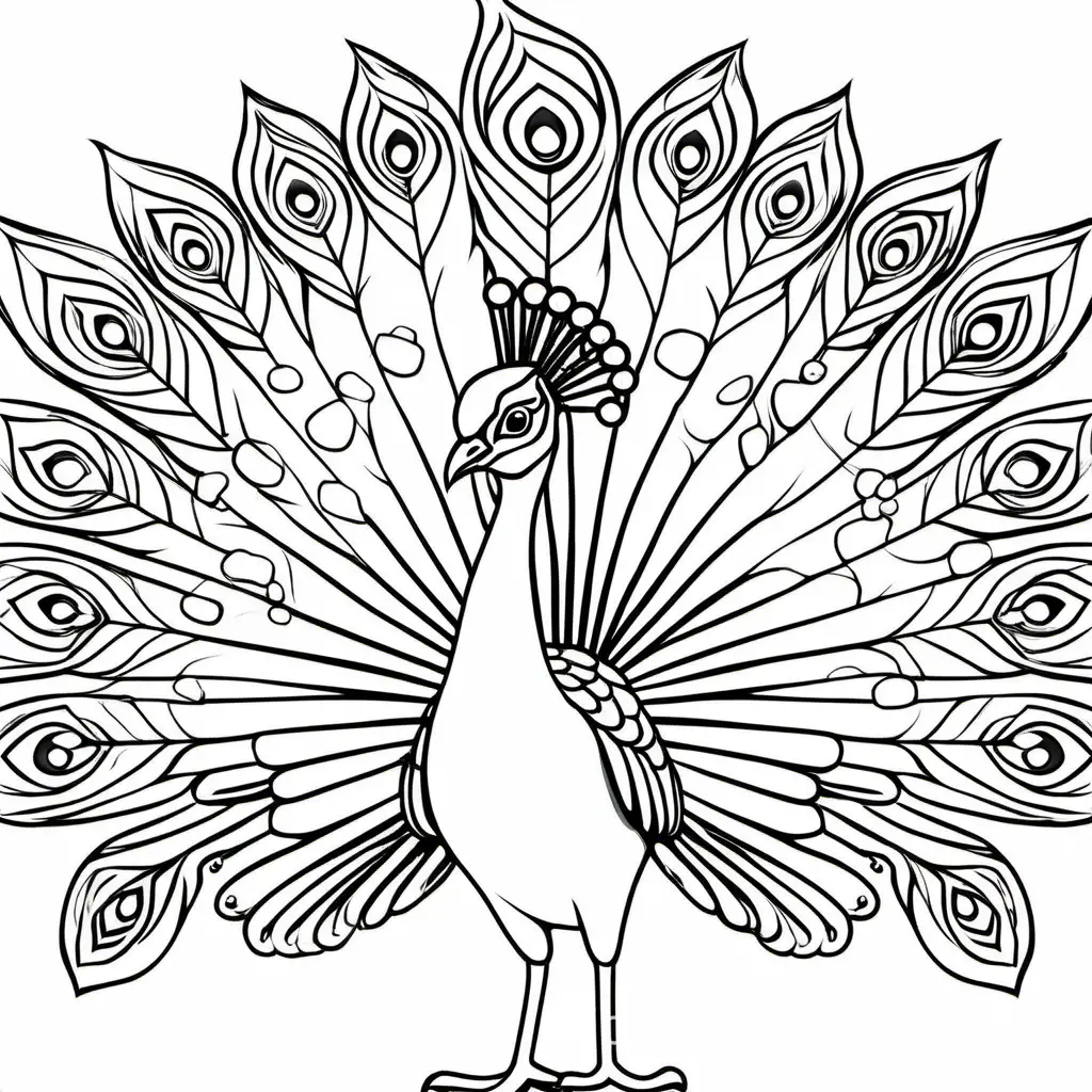peacock, Coloring Page, black and white, line art, white background, Simplicity, Ample White Space. The background of the coloring page is plain white to make it easy for young children to color within the lines. The outlines of all the subjects are easy to distinguish, making it simple for kids to color without too much difficulty