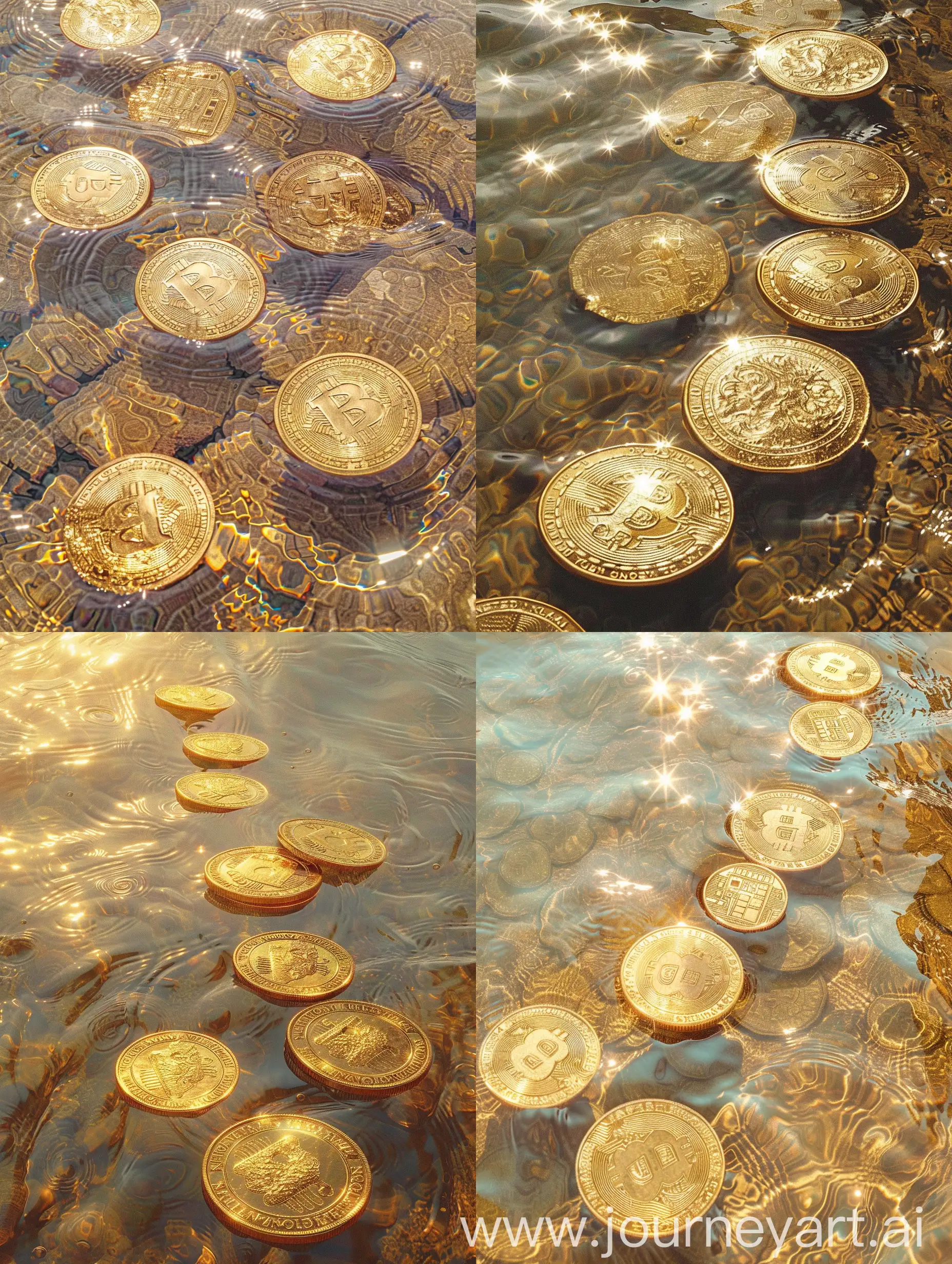 波光粼粼的水是金色的，水中有8个大金币，风格逼真，梦幻主义，浅金色和金色，斜线构图，超清晰 (这次的效果就很完美)