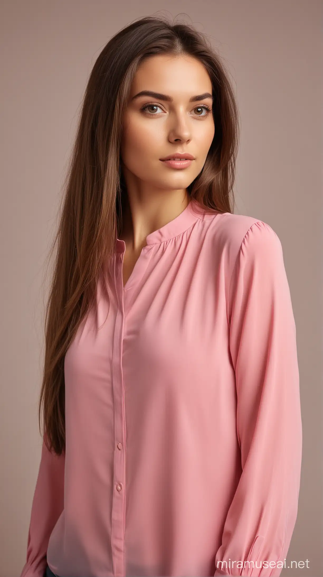 A woman with long, brown, very straight and soft hair, wearing a pink blouse 