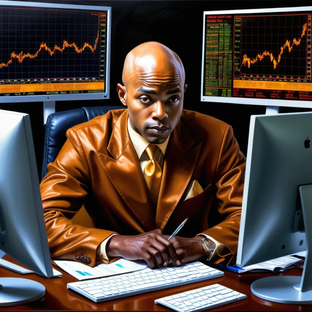 create an oil painting of a handsome caramel African bald man at his desk with two screens trying to figure out the stock market. with text: "You Will Never Go Broke Investing In Yourself... But You Will Get Damn Close!"