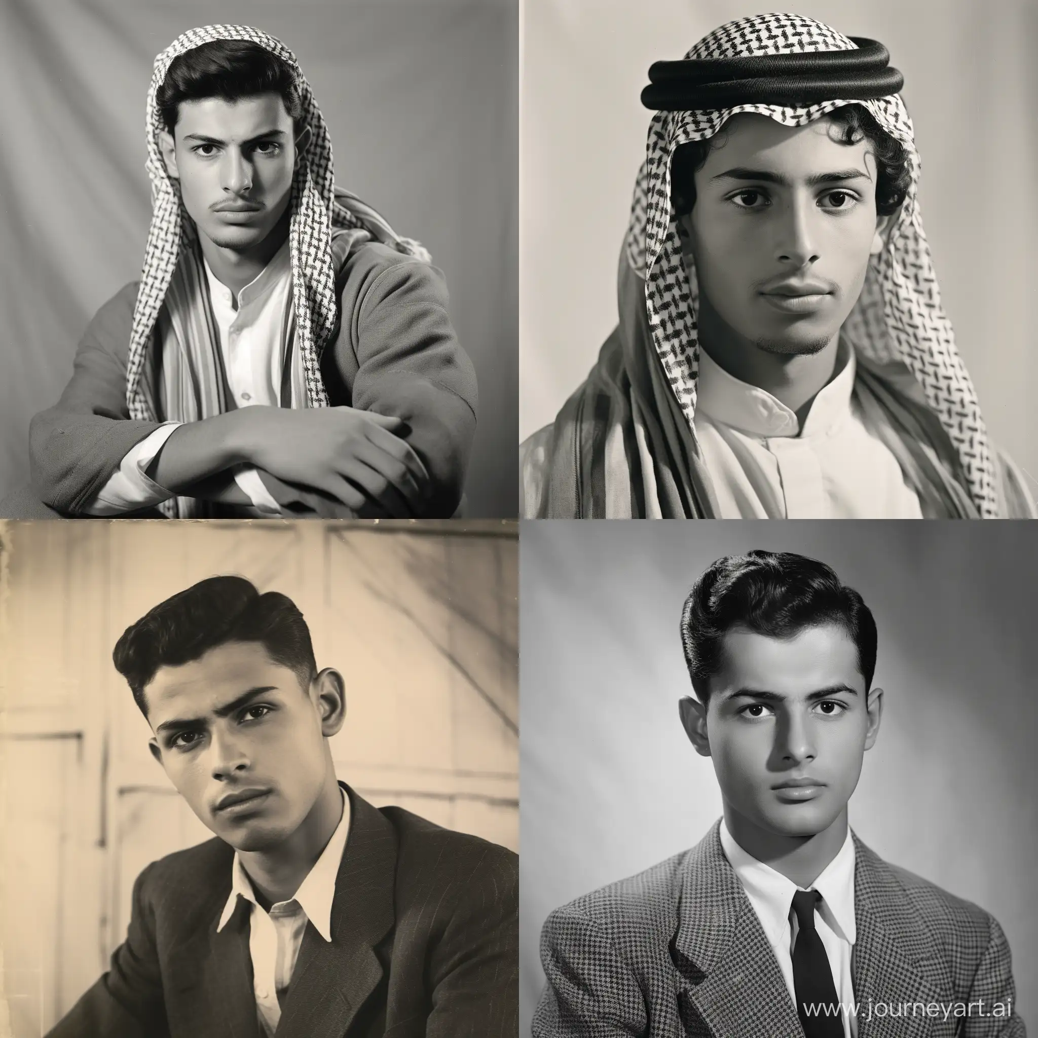 Saudi young man 1965 s: Vintage photo shows man outside. Retro black & white studio photography