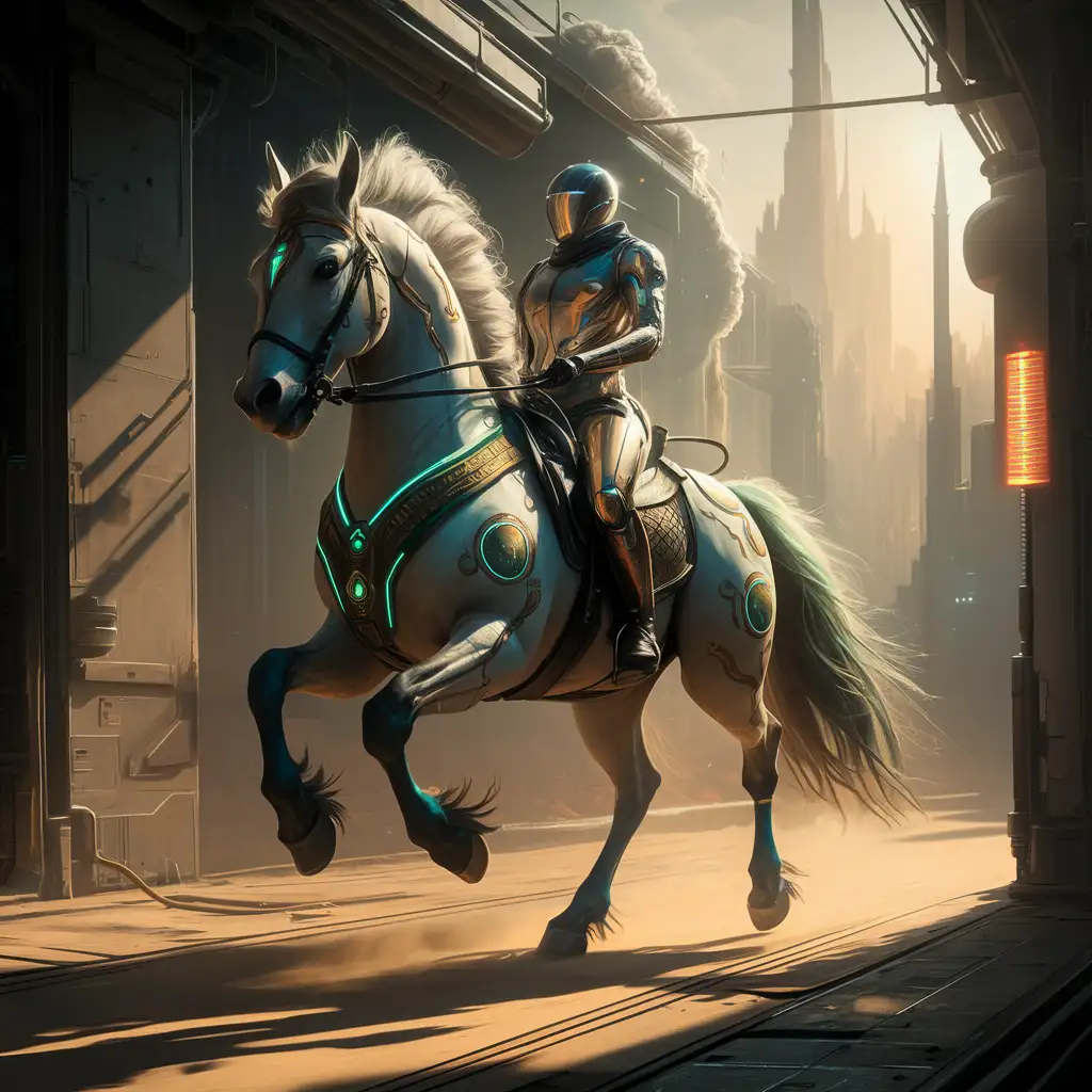 Ride the futuristic horse with Steel-Eyed Beauty, green and gold, to a city bathed in sunlight, where every shadow tells a story, and infrared glows guide the way