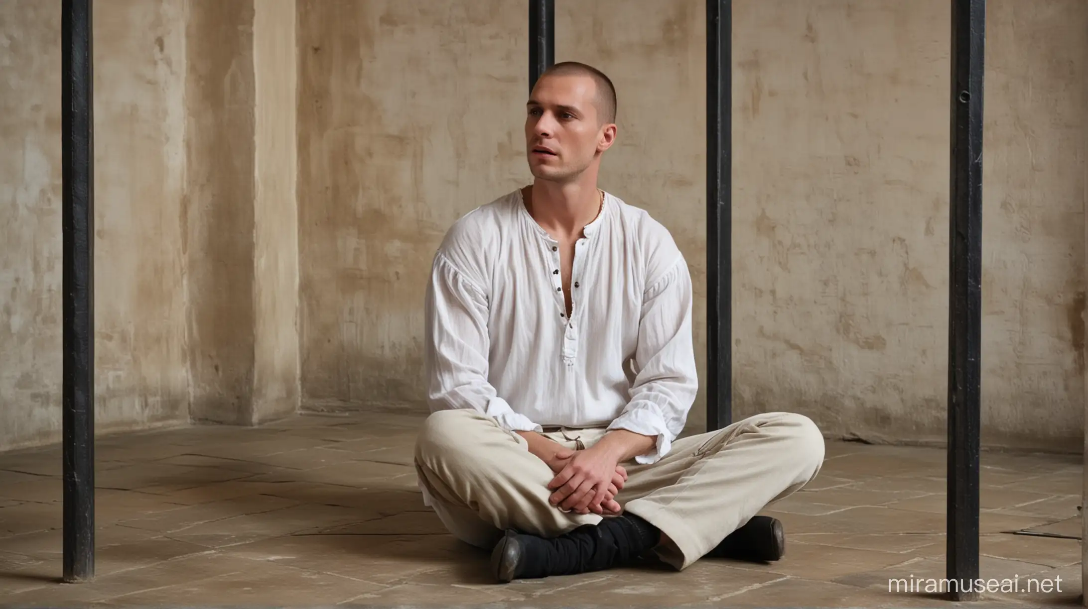 There is a man in an empty jail in tudor times. The man is seated on the floor. He is wearing a simple white blouse. He has shaved hair.  He has a relaxed and tranquil expression on his face. We can see his face and he is facing straight. 