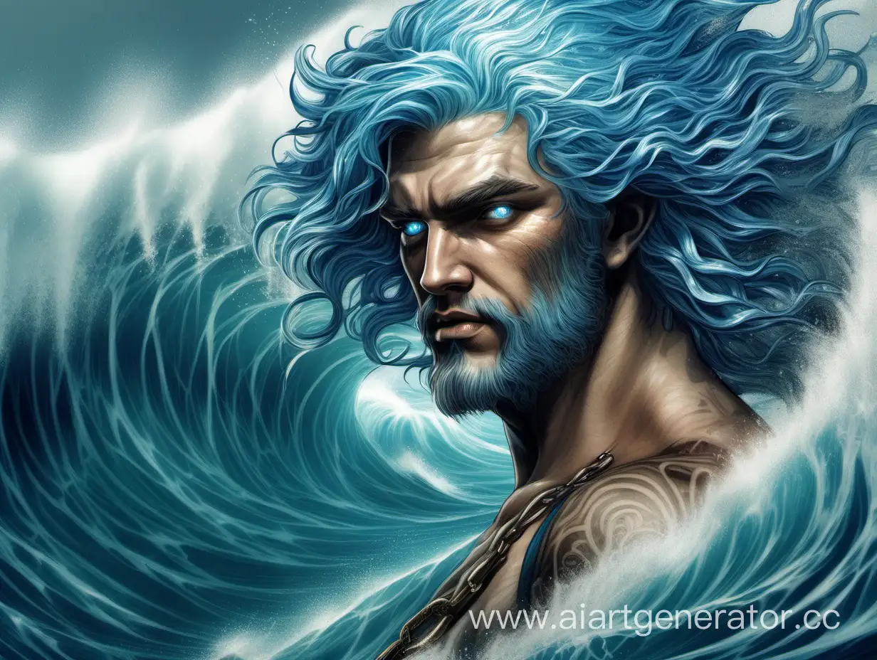 Парень синие волосы Посейдон  фэнтези океан волны голубые глаза сила воды высокая детализация реалистичность