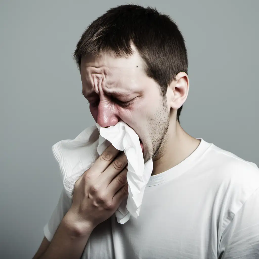 white person sick, coughing into a tissue