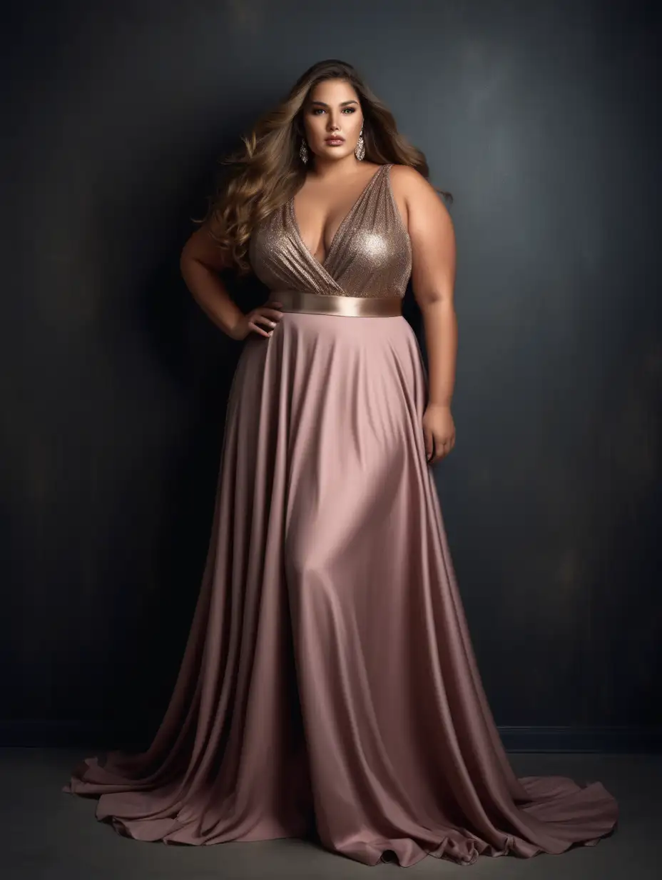 Sensual Plus Size Latina Model in Rose Gold Luxury Evening Gown