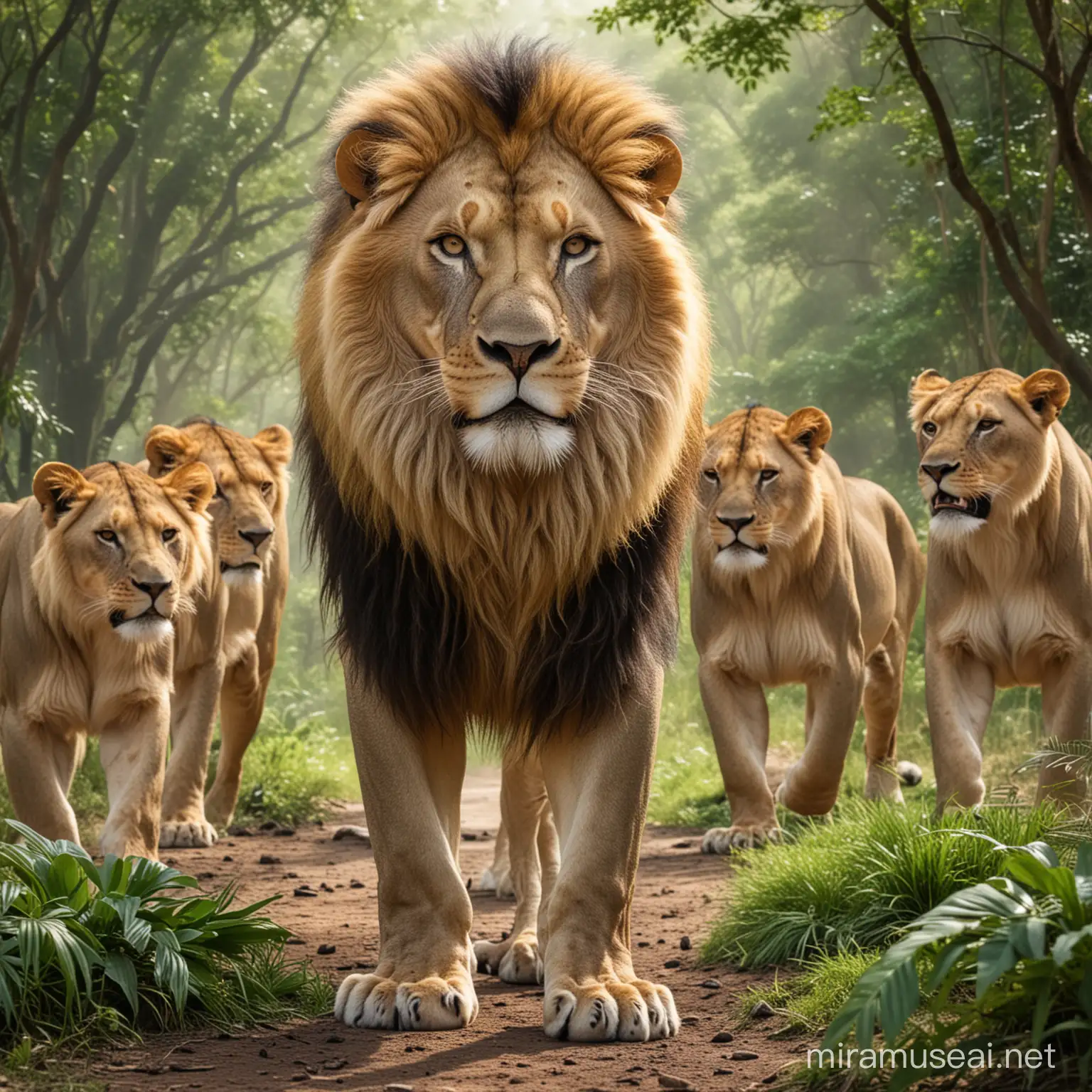 A picture of a huge lion commanding lions in a matured jungle