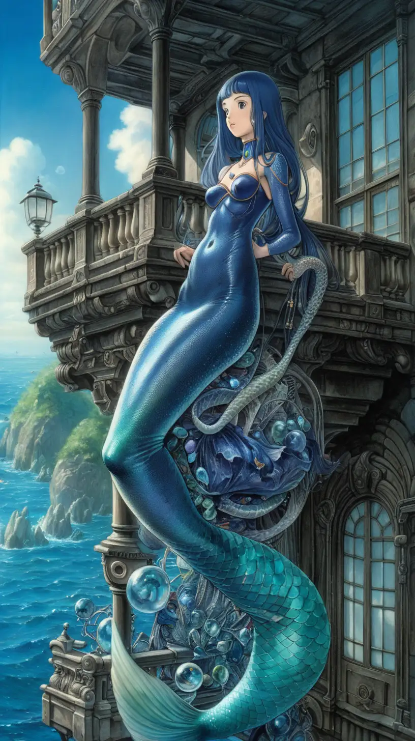 Biomechanical Dark Fantasy Art Mermaid on Sapphire Balcony