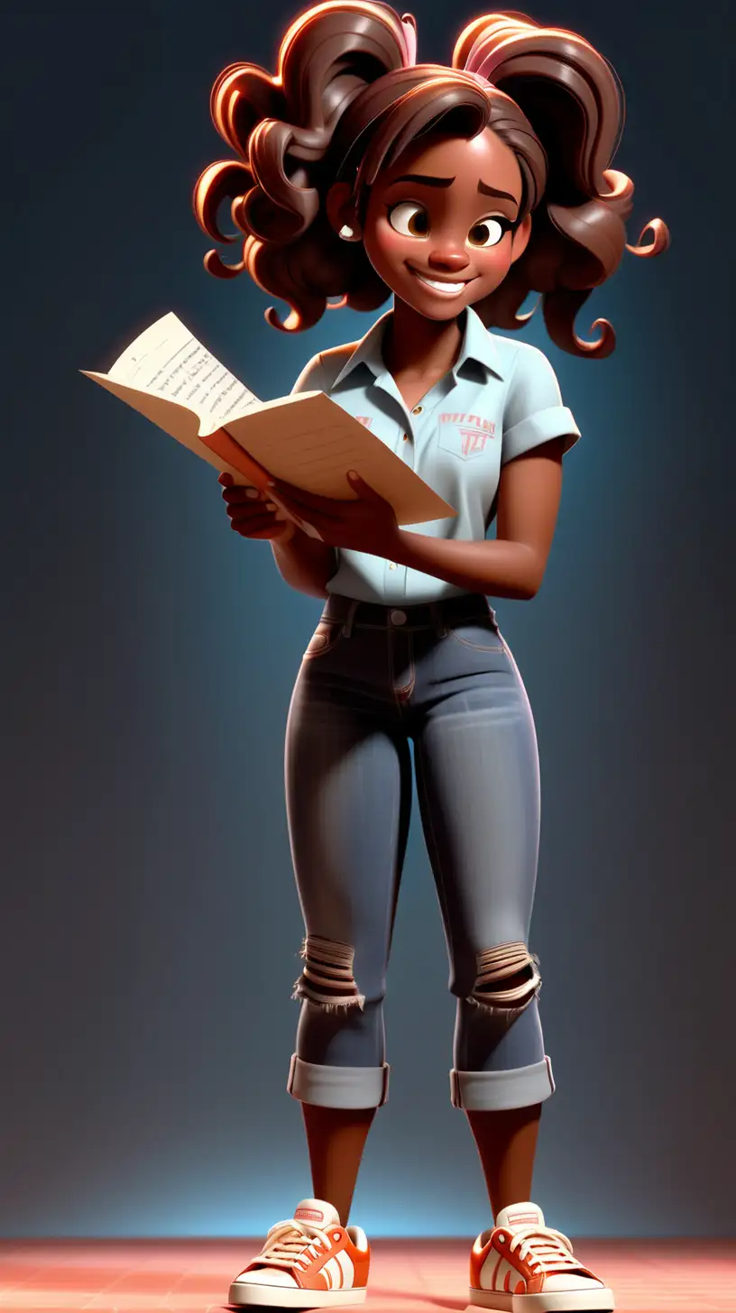 High school girl is standing smiling, she is African-American, holding a script, reading the script, wearing a shirt and jeans and sneakers,  profile shot, wide shot, in the style of Wreck it Ralph