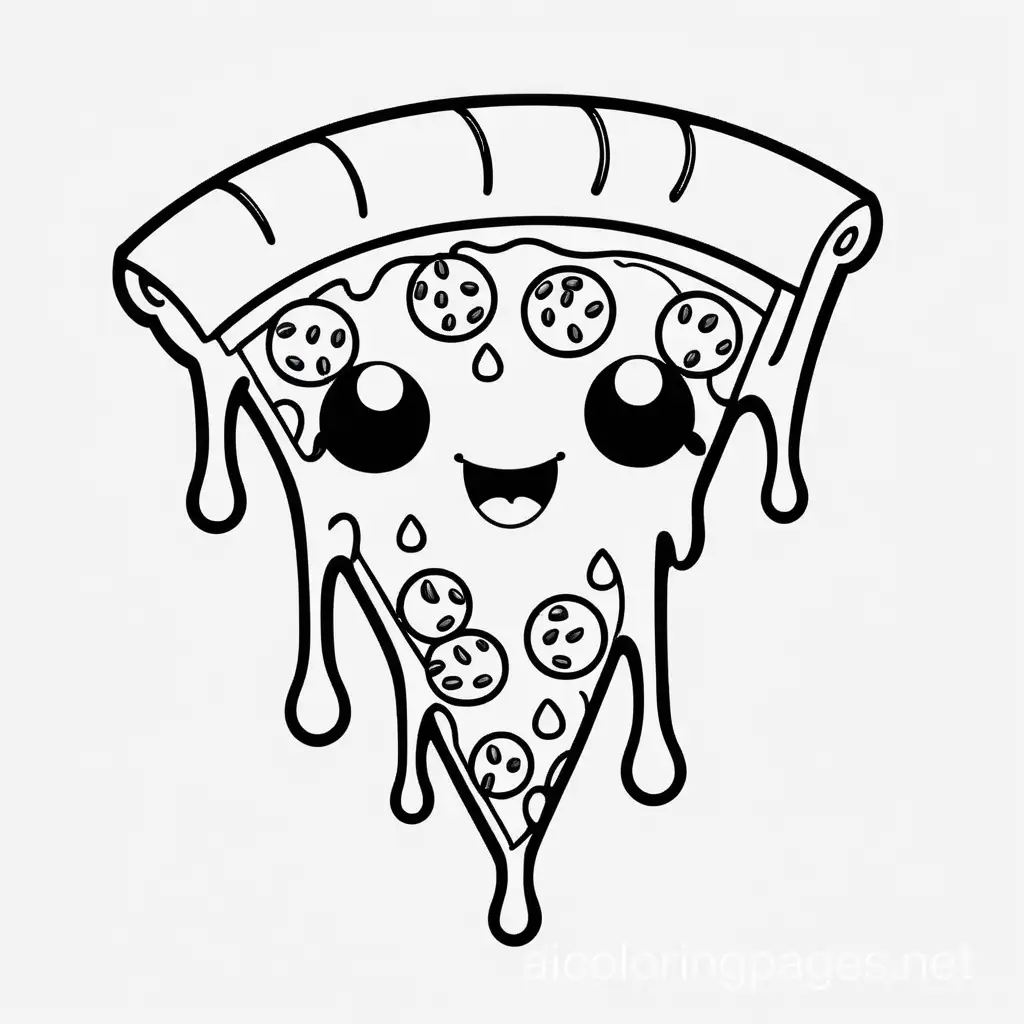 Cute drip slice pizza, Coloring Page, black and white, line art, white background, Simplicity, Ample White Space. The background of the coloring page is plain white to make it easy for young children to color within the lines. The outlines of all the subjects are easy to distinguish, making it simple for kids to color without too much difficulty