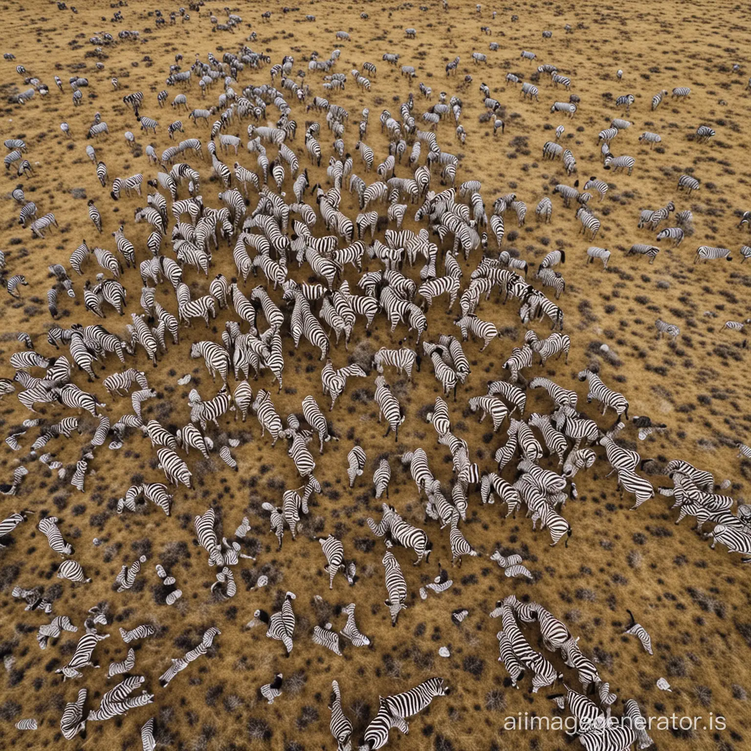 a photo taken from a drone of a herd of zebras in the savanna