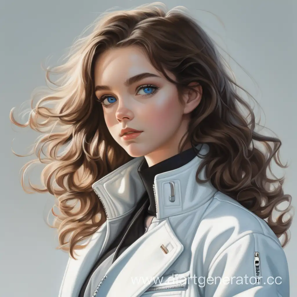 girl, blue eyes, brunette, wavy hair of medium length, in a white jacket with a high stand-up collar, semi-realism