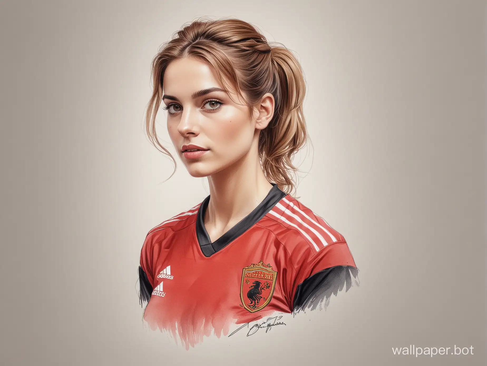 sketch Eleonora De Conti  25 years old hair hairdo Aurora  6 size breast narrow waist In red-black soccer uniform white background marker sketch Studio portrait UHDR