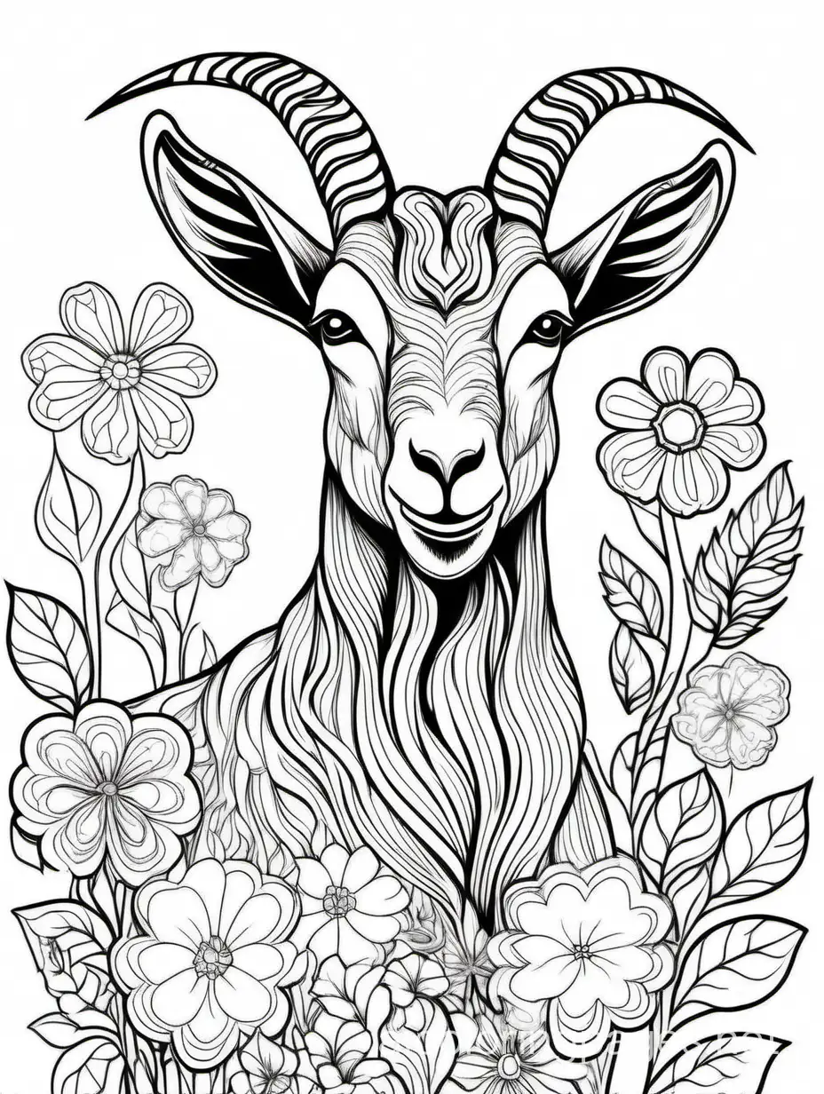 goat  in flowers for adults for coloring book for women
, Coloring Page, black and white, line art, white background, Simplicity, Ample White Space. The background of the coloring page is plain white to make it easy for young children to color within the lines. The outlines of all the subjects are easy to distinguish, making it simple for kids to color without too much difficulty