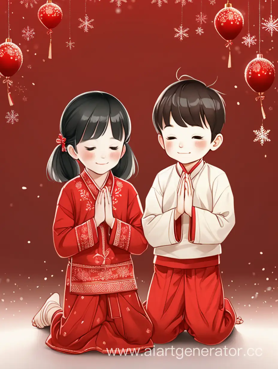 There is a girl wearing traditional festive attire, her delicate hands folded together; there is also a boy wearing traditional festive attire, his delicate hands folded together. Their faces are filled with innocent smiles as they bow for the New Year. The picture has a pure and simple background, a single red color, creating a solemn and uncluttered atmosphere.

