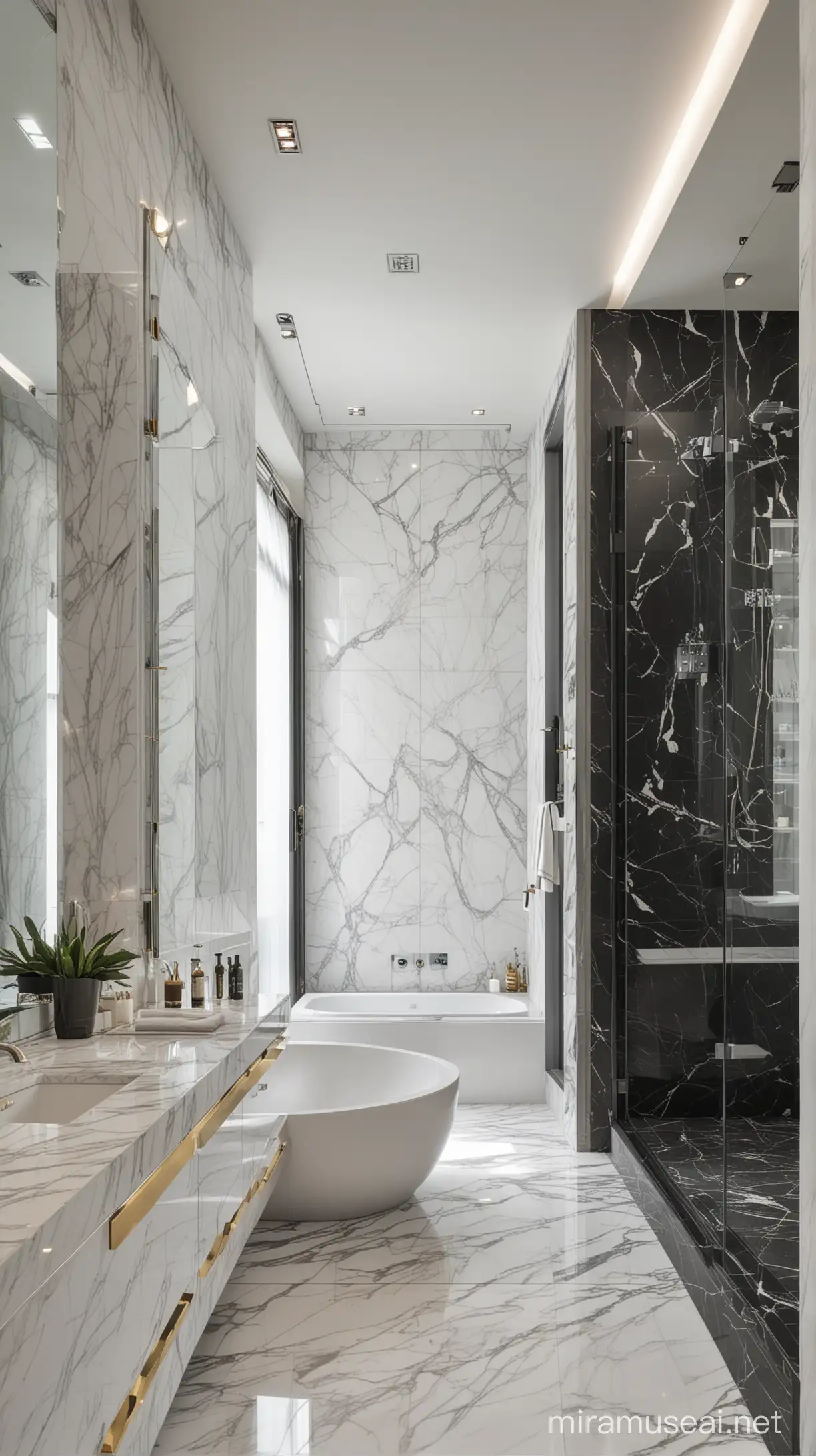 master bathroom,modern design,2 lavatory at the left side,bathtub at the front,wc with glass door,white marble at the floor,modern ceiling,calacatta marble walls,1 black marbke wall