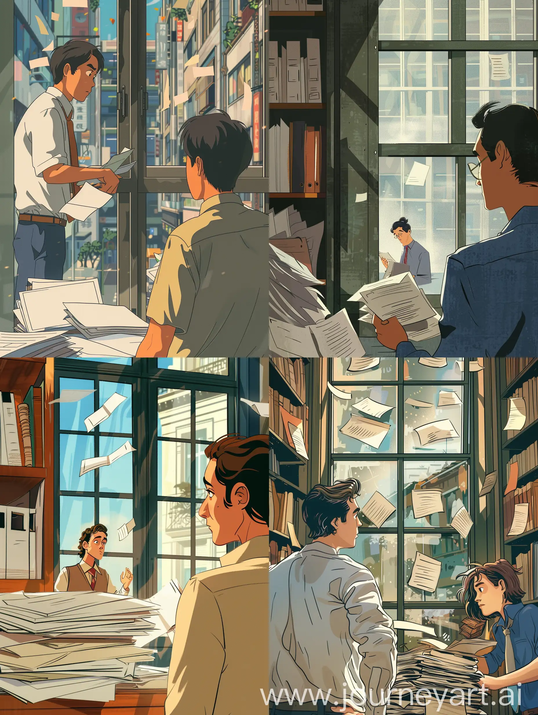 In a bustling office, a person gazes out of a window as their colleague fumbles with a pile of papers, animated style