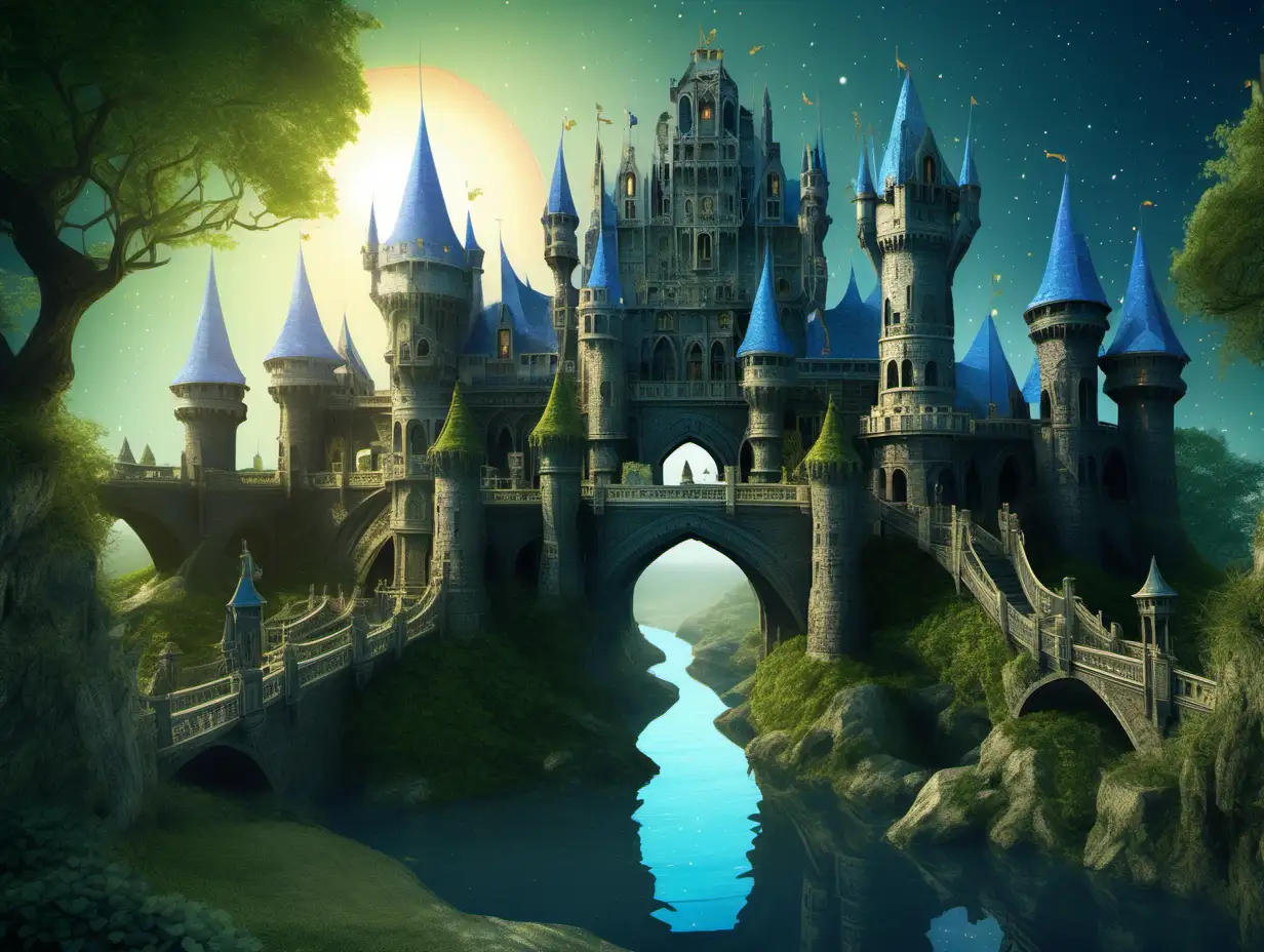 An image of a medium sized fantasy castle, with small green gardens, inner bridges and blue decorations such as banners, in the early night as the sun is settling, in a detailed fantasy style