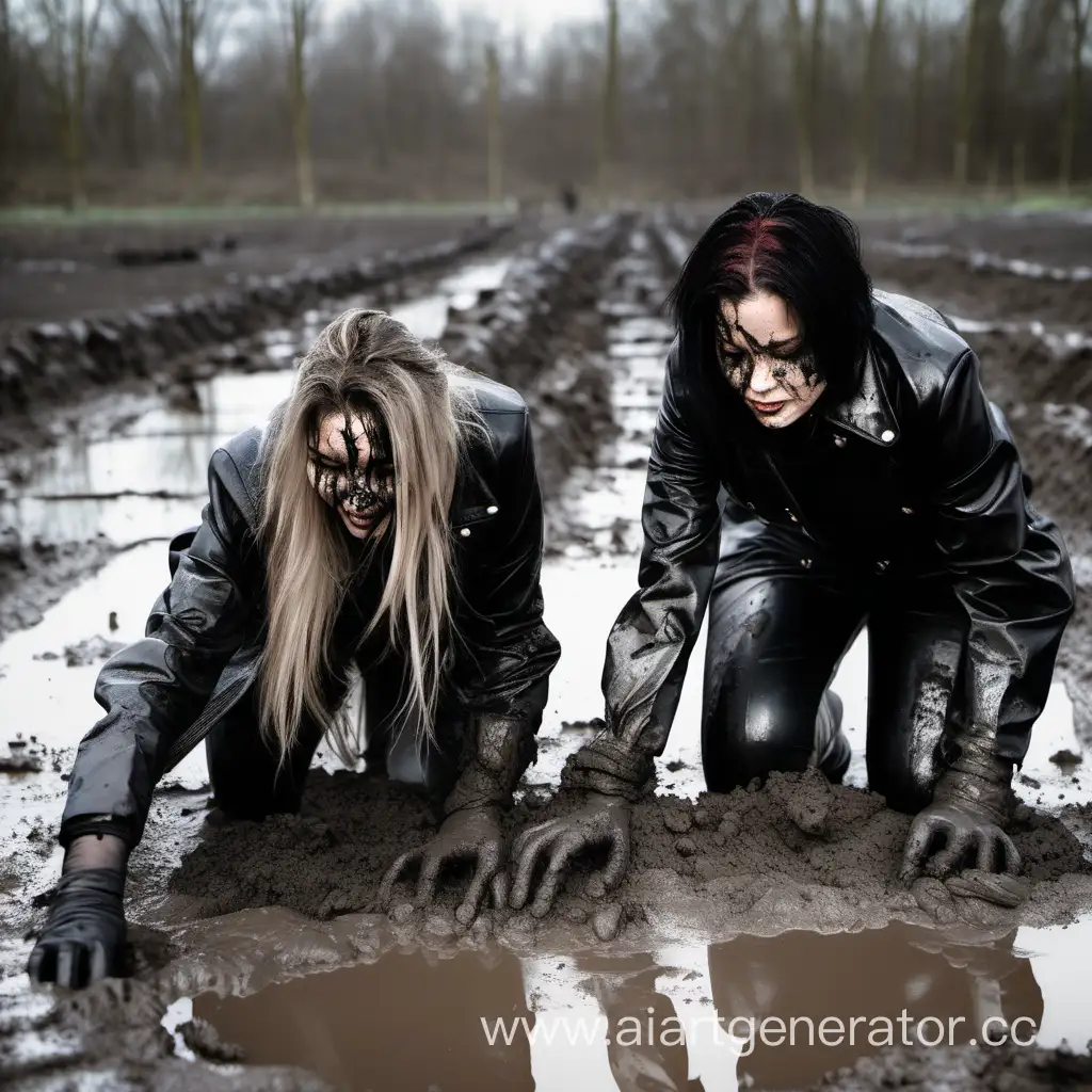 two women in very dirty and torn leather coats leggings and gloves are crawling through the mud