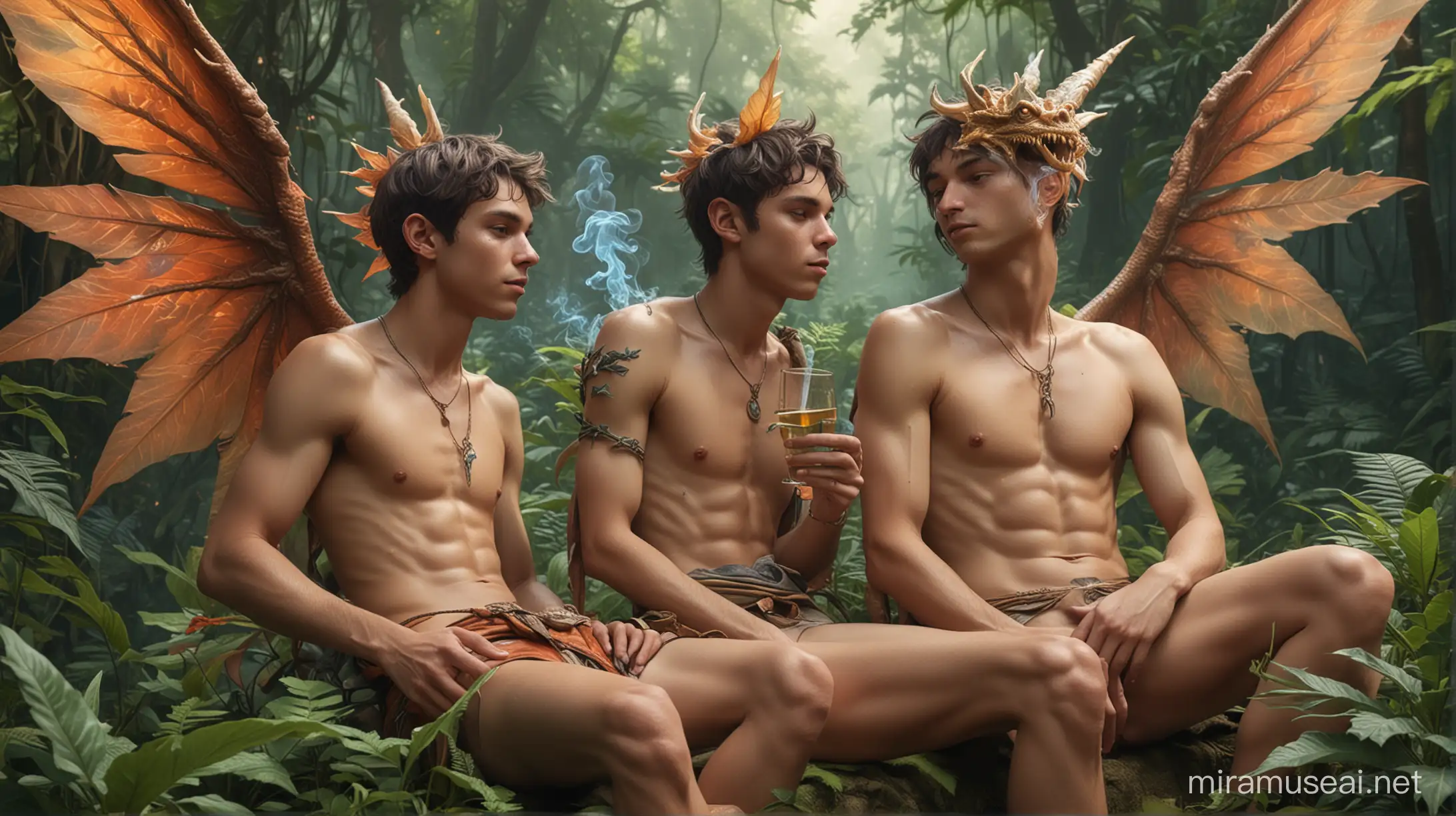transparant glass, psychedelic, shirtless, sexy, anthropomorphic dragon boy teens with wings and horns, foliage loincloth, having a smoke break in lush cannabis jungle, mushrooms, adorable boy, trending on artstation, masterpiece