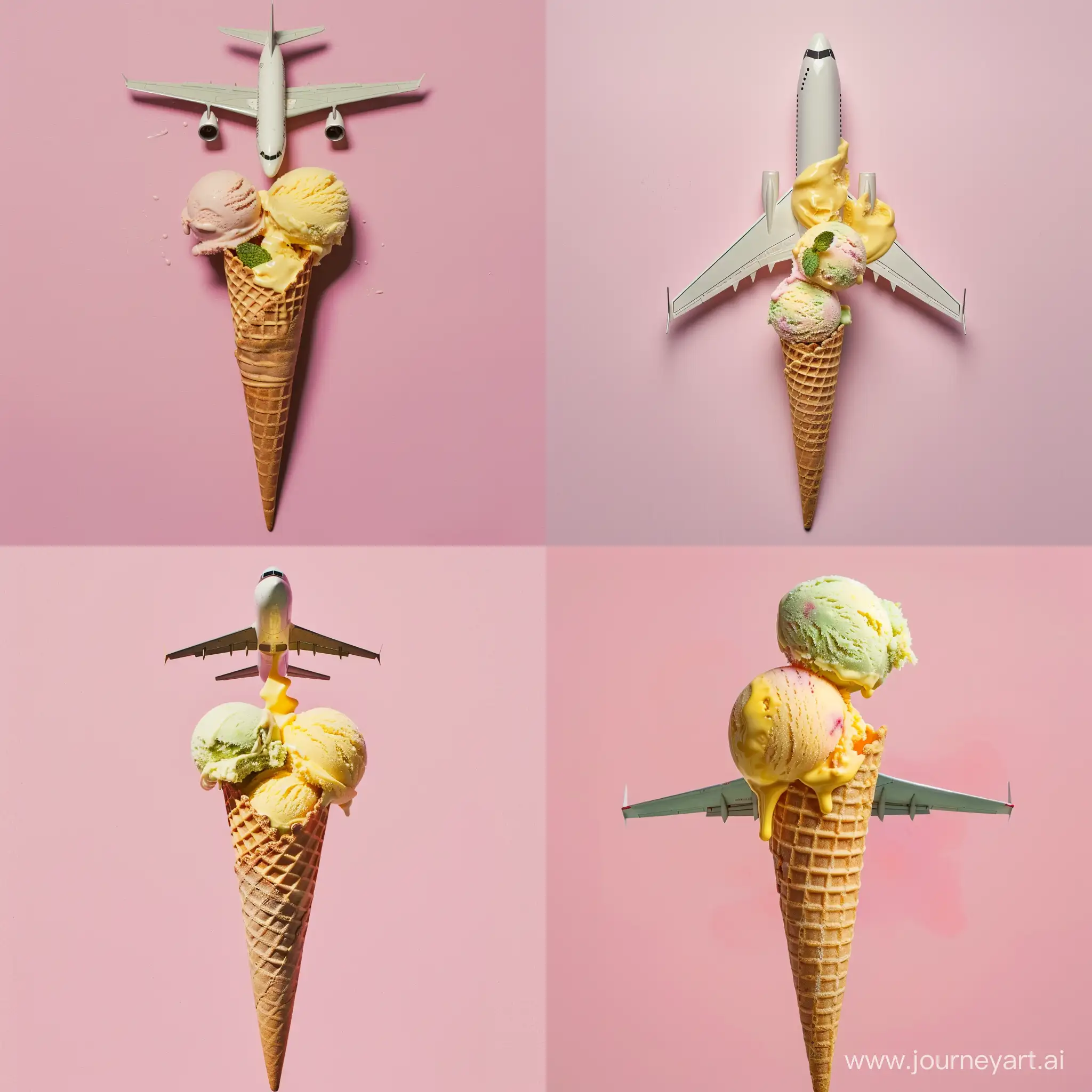 Plane pastel pink background. Wafel cone with two scoops of ice cream. Icream of mint and yellow color. Melting ice cream. --v 6 --ar 1:1 --no 44385