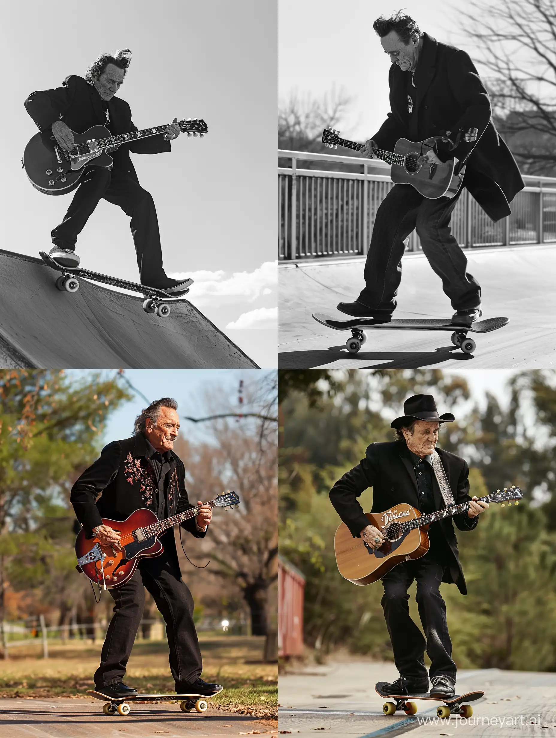 johnny cash haciendo skate con su guitarra