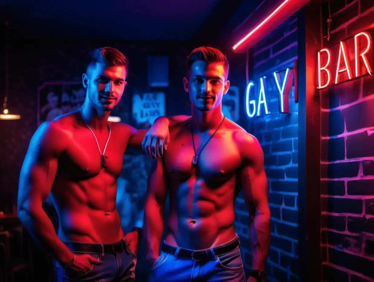 Red and blue colors, neon light. A gay bar, very handsome shirtless guys.
