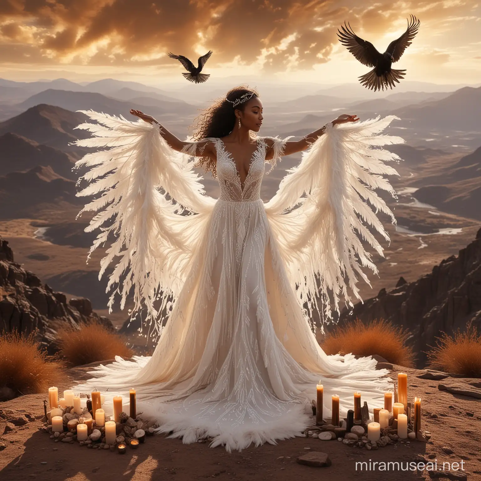 Elegant Black Women in Feathered Wedding Dress Amidst Dessert Runes with Phoenix Bird Soaring Over Mountain
