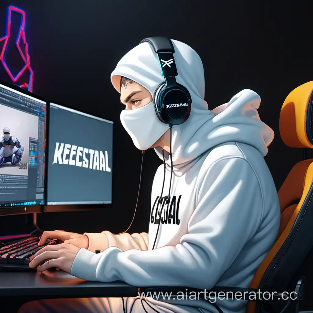 A guy in a white balaclava, sitting in a computer chair, wearing headphones, wearing a white hoodie, at a computer and on a monitor with the inscription "КРЕСТАЛЛ SQUAD"