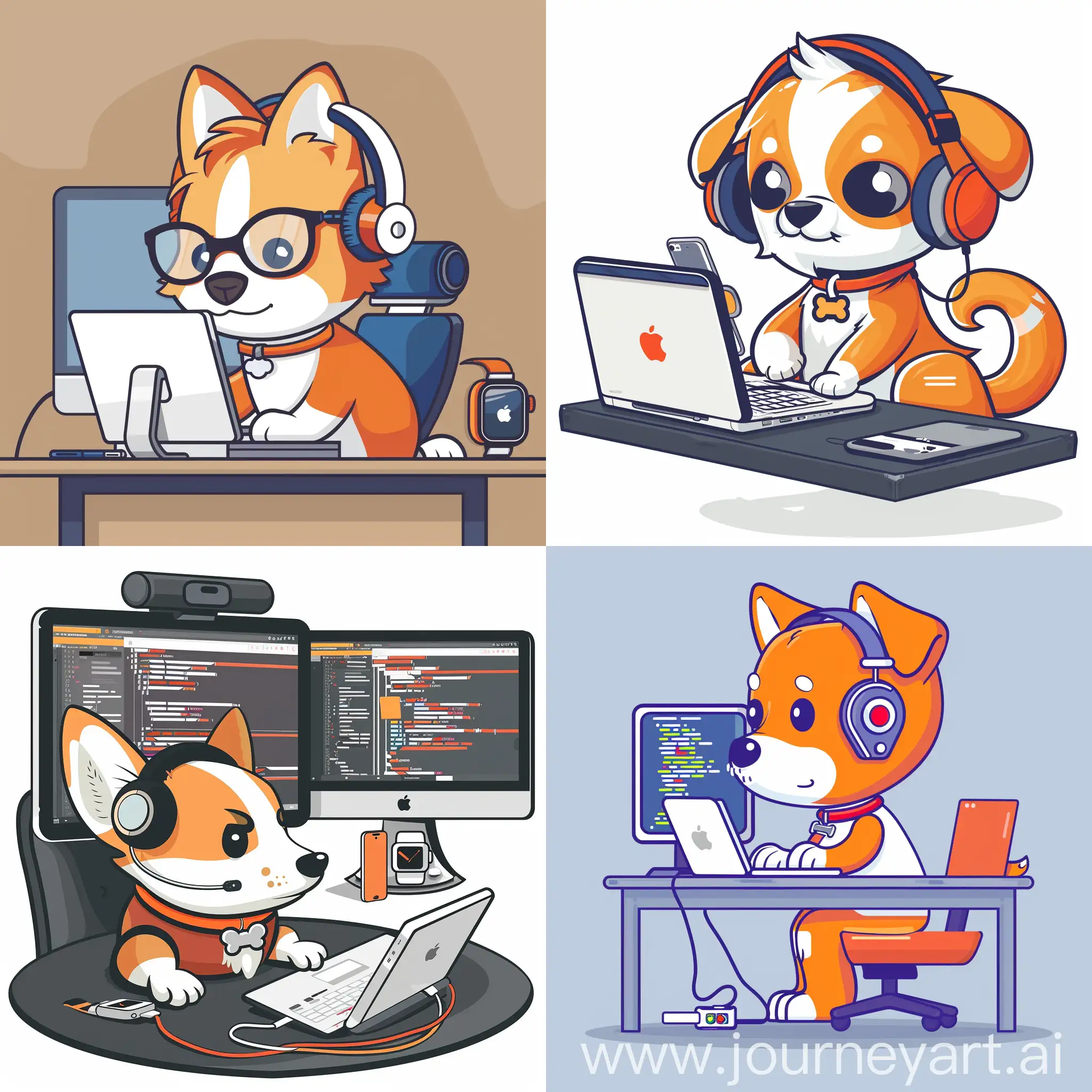 可爱的程序员狗狗，在电脑桌前敲代码，使用的macbook，戴着头戴耳机，戴着iwatch，又酷又潮